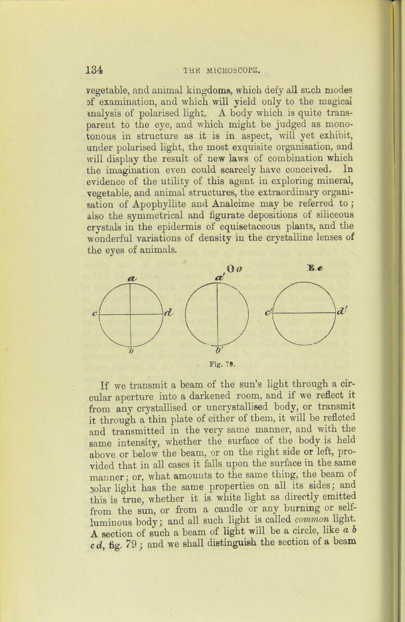 vegetable, and animal kingdoms, which defy all such modes of examination, and which will yield only to the magical iualysis of polarised light. A body which is quite trans- parent to the eye, and which might be judged as mono- tonous in structure as it is in aspect, will yet exhibit, under polarised light, the most exquisite organisation, and will display the result of new laws of combination which the imagination even could scarcely have conceived. In evidence of the utility of this agent in exploring mineral, vegetable, and animal structures, the extraordinaiy organi- sation of Apophyllite and Analcime may be referred to ; also the symmetrical and figurate depositions of siliceous crystals in the epidermis of equisetaceous plants, and the wonderful variations of density in the crystalline lenses of the eyes of animals. Fig. 79. If we transmit a beam of the sun's light through a cir- cular aperture into a darkened room, and if we reflect it from any crystallised or uncrystallised body, or transmit it through a thin plate of either of them, it will be reflcted and transmitted in the very same manner, and with the same intensity, whether the surface of the body is held above or below the beam, or on the right side or left, pro- vided that in all cases it falls upon the surface in the same manner; or, what amounts to the same thing, the beam of 3olar light has the same properties on all its sides; and this is true, whether it is white light as directly emitted from the sun, or from a candle or any burning or self- luminous body; and all such light is called common light. A section of such a beam of light will be a circle, like a h cd, fig. 79 ■ and we shall distinguish the section of a beam