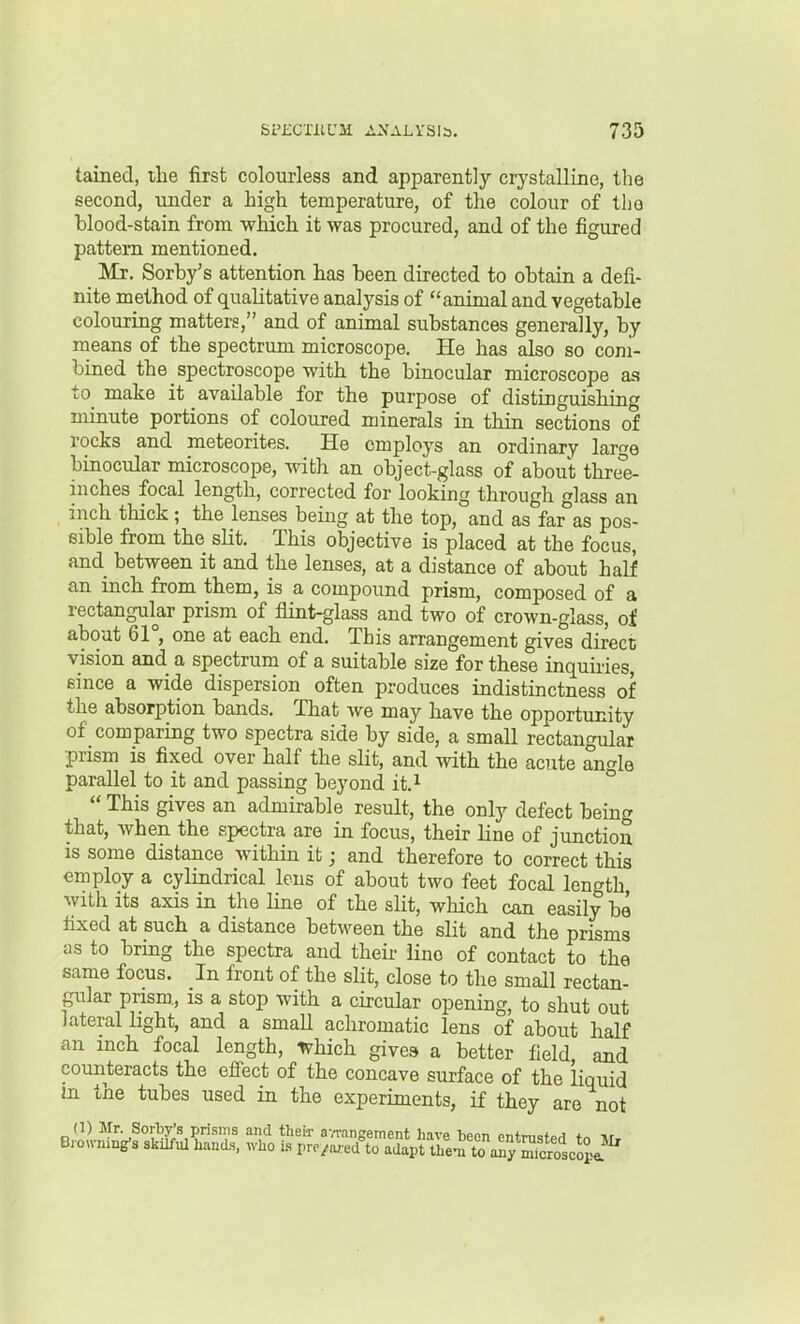 tained, the first colourless and apparently crystalline, the second, under a high temperature, of the colour of tlio blood-stain from which it was procured, and of the figured pattern mentioned. Mr. Sorhy's attention has been directed to obtain a defi- nite method of quaHtative analysis of animal and vegetable colouring matters, and of animal substances generally, by means of the spectrum microscope. He has also so coni- bined the spectroscope with the binocular microscope as to make it available for the purpose of distinguishing minute portions of coloured minerals in thin sections of rocks and meteorites. He employs an ordinary large binocular microscope, with an object-glass of about thrc°e- inches focal length, corrected for looking through glass an inch thick; the lenses being at the top, and as far as pos- sible from the slit. This objective is placed at the focus, and between it and the lenses, at a distance of about half an inch from them, is a compound prism, composed of a rectangular prism of flint-glass and two of crown-glass, of about 61°, one at each end. This arrangement gives direct vision and a spectrum of a suitable size for these inquiries, since a wide dispersion often produces indistinctness of the absorption bands. That we may have the opportunity of comparing two spectra side by side, a small rectangular prism is fixed over half the slit, and with the acute an^le parallel to it and passing beyond it.^ ° This gives an admirable result, the only defect being that, when the spectra are in focus, their line of junction IS some distance within it; and therefore to correct this employ a cylindrical lens of about two feet focal length, with its axis in the line of the slit, which can easily be fixed at such a distance between the slit and the prisms as to bring the spectra and their Hno of contact to the same focus. In front of the slit, close to the small rectan- gular prism., IS a stop with a circular opening, to shut out lateral hght, and a small achromatic lens of about half an inch focal length, which gives a better field and counteracts the efi-ect of the concave surface of the liquid in tne tubes used in the experiments, if they are not (1) Jfr. Sorby's prisms and their a-n'nngement have been cntrustprl tn nr, Bro»-mng-s skilfiU hands, .vho i.s pre/a,;ed°to adapt thl^^v^ym^,tc%^