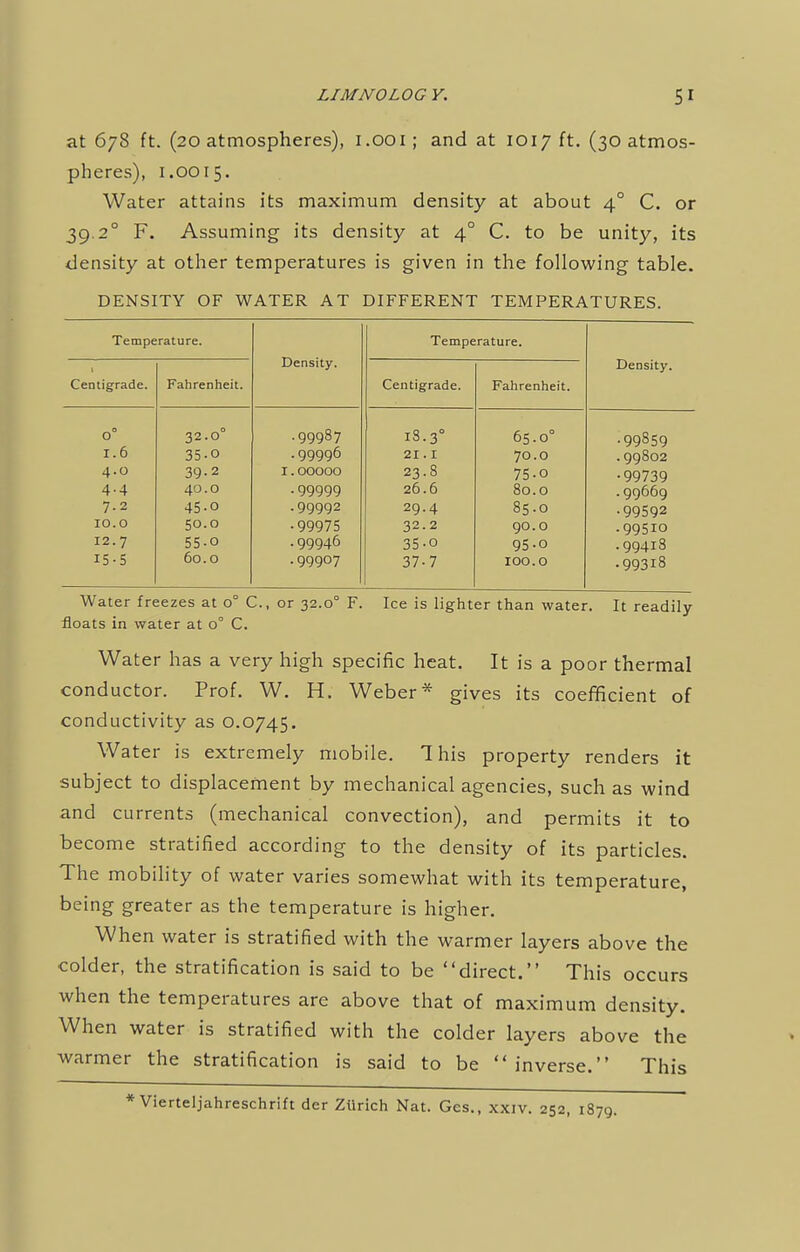 at 678 ft. (20 atmospheres), 1.001; and at 1017 ft. (30 atmos- pheres), 1.0015. Water attains its maximum density at about 40 C. or 39.2° F. Assuming its density at 4° C. to be unity, its density at other temperatures is given in the following table. DENSITY OF WATER AT DIFFERENT TEMPERATURES. Temperature. Density. Temperature. Density. Centigrade. Fahrenheit. Centigrade. Fahrenheit. 0° 32. o° .99987 18.3° 65.0° .99859 1.6 35-0 • 99996 21.1 70.0 .99802 4.0 39-2 I.OOOOO 23.8 75-o •99739 4.4 40.0 • 99999 26.6 80.0 .99669 7.2 45-o .99992 29.4 85-0 .99592 10.0 50.0 •99975 32.2 90.0 .99510 12.7 55-0 ■ 99946 35-o 95-0 .99418 15-5 60.0 • 99907 37-7 100.0 .99318 Water freezes at 0° C, or 32.0° F. Ice is lighter than water. It readily floats in water at 0° C. Water has a very high specific heat. It is a poor thermal conductor. Prof. W. H. Weber* gives its coefficient of conductivity as 0.0745. Water is extremely mobile. This property renders it subject to displacement by mechanical agencies, such as wind and currents (mechanical convection), and permits it to become stratified according to the density of its particles. The mobility of water varies somewhat with its temperature, being greater as the temperature is higher. When water is stratified with the warmer layers above the colder, the stratification is said to be direct. This occurs when the temperatures are above that of maximum density. When water is stratified with the colder layers above the warmer the stratification is said to be inverse. This * Vierteljahreschrift der Zurich Nat. Ges., xxiv. 252, 1879.