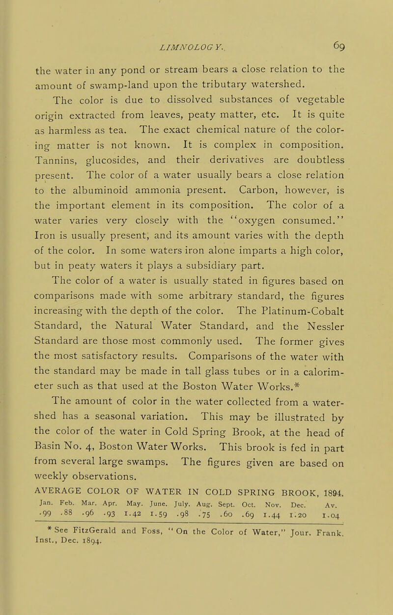 the water in any pond or stream bears a close relation to the amount of swamp-land upon the tributary watershed. The color is due to dissolved substances of vegetable origin extracted from leaves, peaty matter, etc. It is quite as harmless as tea. The exact chemical nature of the color- ing matter is not known. It is complex in composition. Tannins, glucosides, and their derivatives are doubtless present. The color of a water usually bears a close relation to the albuminoid ammonia present. Carbon, however, is the important element in its composition. The color of a water varies very closely with the oxygen consumed. Iron is usually present, and its amount varies with the depth of the color. In some waters iron alone imparts a high color, but in peaty waters it plays a subsidiary part. The color of a water is usually stated in figures based on comparisons made with some arbitrary standard, the figures increasing with the depth of the color. The Platinum-Cobalt Standard, the Natural Water Standard, and the Nessler Standard are those most commonly used. The former gives the most satisfactory results. Comparisons of the water with the standard may be made in tall glass tubes or in a calorim- eter such as that used at the Boston Water Works.* The amount of color in the water collected from a water- shed has a seasonal variation. This may be illustrated by the color of the water in Cold Spring Brook, at the head of Basin No. 4, Boston Water Works. This brook is fed in part from several large swamps. The figures given are based on weekly observations. AVERAGE COLOR OF WATER IN COLD SPRING BROOK, 1894. Jan. Feb. Mar. Apr. May. June. July. Aug. Sept. Oct. Nov. Dec. Av. .99 .88 .96 .93 1.42 1.59 .98 .75 .60 .69 1.44 1.20 1.04 * See FitzGerald and Foss,  On the Color of Water, Jour. Frank. Inst., Dec. 1894.