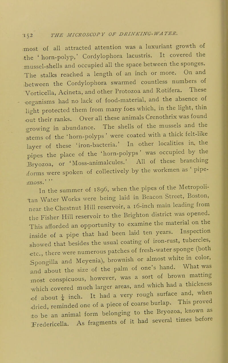 most of all attracted attention was a luxuriant growth of the 'horn-polyp,' Cordylophora lacustris. It covered the mussel-shells and occupied all the space between the sponges. The stalks reached a length of an inch or more. On and between the Cordylophora swarmed countless numbers of Vorticella, Acineta, and other Protozoa and Rotifera. These organisms had no lack of food-material, and the absence of light protected them from many foes which, in the light, thin .out their ranks. Over all these animals Crenothrix was found growing in abundance. The shells of the mussels and the stems of the 'horn-polyps ' were coated with a thick felt-like layer of these 'iron-bacteria.' In other localities in. the pipes the place of the 'horn-polyps' was occupied by the Bryozoa, or 'Moss-animalcules.' All of these branching iorms were spoken of collectively by the workmen as ' pipe- > > > ztODSS In the summer of 1896, when the pipes of the Metropoli- tan Water Works were being laid in Beacon Street, Boston, near the Chestnut Hill reservoir, a 16-inch main leading from the Fisher Hill reservoir to the Brighton district was opened. This afforded an opportunity to examine the material on the inside of a pipe that had been laid ten years. Inspection showed that besides the usual coating of iron-rust, tubercles, etc there were numerous patches of fresh-water sponge (both Spo'ngilla and Meyenia), brownish or almost white in color, and about the size of the palm of one's hand. What was most conspicuous, however, was a sort of brown matting .vhich covered much larger areas, and which had a thickness of about i inch. It had a very rough surface and, when dried, reminded one of a piece of coarse burlap. This proved to be an animal form belonging to the Bryozoa, known as Predericella. As fragments of it had several times before