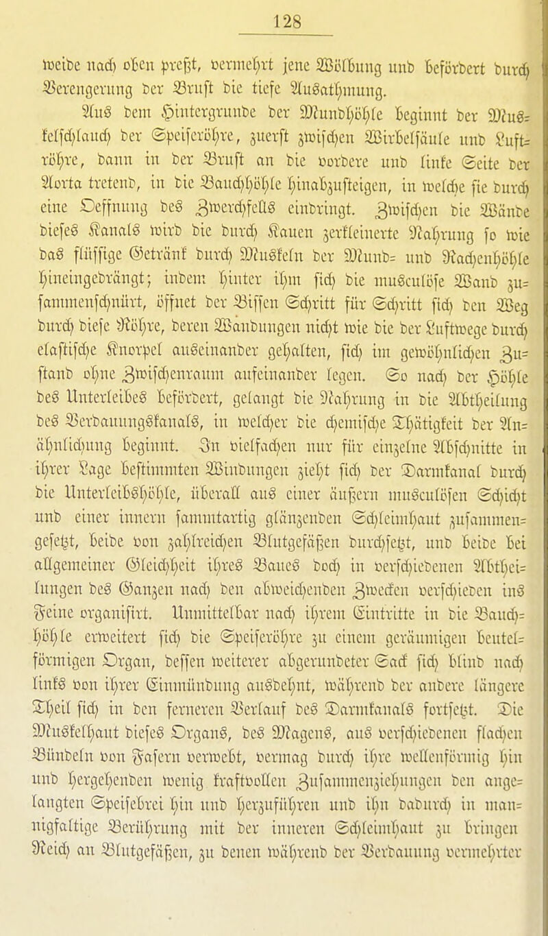 iücibe iiad) oten pxi^t, tierinet)vt jene SBöIBung unb beförbert burti SJerengevung bev S3ruft bie tiefe lugatt;mung. 'änß bem .^iiitcrgiambe ber dJlü\M)ol)k Beginnt ber 9}?ug= Mfdjiaud) bev ®pcifcröl;ve, juerft jtoii'djcn SßirBelfäufe nnb ?uft= röl^re, bann in ber S3ruft an bie »orbeve unb linfe (Seite ber Storta tretenb, in bie 33and)l;H;re I^inaB^uftcigen, in irc(d)e fie burd) eine Deffnung be§ ^iDcrd^feÜg einbringt. Biüifdjen bie SBänbe biefeg i?anat§ iüirb bie burd; fauen jerfleinerte ^J?ar;rung fo iüie ba§ fliifftge ©etränf burd) SJ^ugfefn ber 2)iunb= unb 9kd)en^cf;re I;ineingebrängt; inbeni I;inter il)m fid) bie mu§cufi5ie SBanb ju= |aminenfd}nürt, i3ffnet ber 33iffen ©djritt für ©d^ritt fid) ben 3Beg burd) biefe ^Kör^re, beren SBanbungen nid^t hjie bie ber Luftwege burc^ efaftifdje Ifncr^Det augeinanber gel;alten, fid) im geh)öt;nrid;en 3u= ftanb ot)ne 3ii5tfd)enrann-i aufcinanber fegen, ©o nad; ber .^U)k beg Unterleibeg tefcrbert, gelangt bie Sfaf^rung in bie 2tt>tl;eifung beg 53erbanunggfanafg, in iveld^er bie d)eraifd}e Sl^ätigfeit ber 5tn= äl^nlidumg Beginnt. -3'n bielfad^en nur für einjehie IBfdjnitte in iljrer Sage Beftimmten SBinbungcn jiel;t fic^ ber ©armfanaf burd^ bie Unter(eiBgf)i31;[e, üBeralff aug einer äuj3ern nntgcuröfen ©djic^t unb einer innern famnüartig gtänjenben ©d)fcimr;aut ,:5ufammen= gefeilt, Beibe Don 3al;h-cid)en SBhttgefäf^en burd^fe^^t, unb Beibe Bei aagemeiner ®[cid)t;eit il;reg iBaueg bod) in toevfd;iebcncn 2IBtI;ei= Tungen beg ©anjen nad) ben aBiceid^enben 3^i^cden üerfd)ieben ing i^eine organifirt. UnniittelBar na^ il;rent (Sintritte in bie ißaud)^ I;öI)Ie ertßeitert ftd) bie ®:))eiferöl)re ju einem geräumigen Beutc[= förmigen Organ, beffen irseiterer aBgerunbeter ©ad fid) BUnb nadi linfg tton il;rer ©inmünbung augbel^nt, toät;rcnb ber anbere längere 3:[;eil fid; in ben ferneren Serfauf beg ©armfanafg fortfe^jt. ®ic 3)tugfeII;aut biefeg Drgang, beg 9i)?ageng, aug üerfdjiebencn ffad;en ^ünbeln Bon i^afern öertDeBt, vermag burd) i(;re njellenförmig I}in unb I)ergef)enben toenig fraftüDHeu ^ufammcnsieT^ungcn ben angc= langten ©peifeBrci l;in unb tjevjufütircu unb iBn baburd} in man= nigfaftige S3erüf;rung mit ber inneren ©d)(eimt)aut 3U Bringen ^dd) an S3Iutgefäf5en, ju benen ivät;renb ber S3erfcauung üenncr^vter