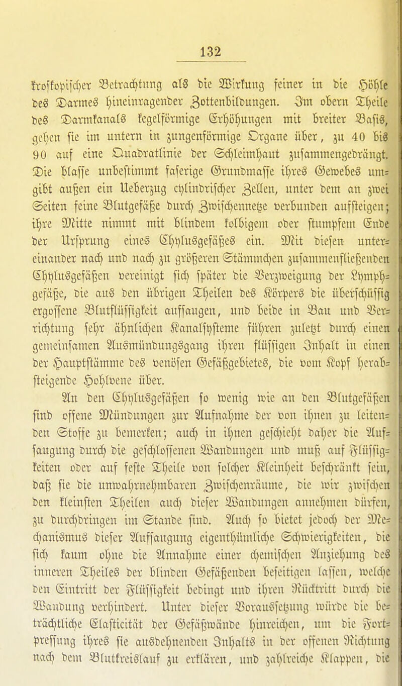 h-offopifd^er 53ctva^tnng at§ bte SBirfung feinet in bie §i5l)(e beg 3)arme§ fiincinragcnbev ä^ttenBilbungen. -3^ oBern Streite beg jDavm!ana(8 fegelfönnige Sv'^ö^ngcn mit Breiter 53afi§, gef;cn fie im untern in jungenförmige Drgane üBer, ju 40 Biö 90 auf eine OuabratUnie ber ®c^Ieimf)aut jufammengebrängt. ®ie Blaffe unBeftimmt faferige ©runbmaffe it;reg ©eiueBeS univ giBt au^en ein UeBerjug cijtinbrifc^er ä^I^en, unter bem an jhj^ (Seiten feine S3futgefä§e burd) 3^ifä)eniie^e »erBunben auffteigei; il^re Tlittt nimmt mit BUnbem fotBigem ober ftumpfem Sni:. ber Urfprung eine§ SI)tjru§gefäj3e8 ein. 9Jlit biefen unter= einanber nad> unb nac^ ju gri3j3eren ©tämmdjen jufammenftie^enben S'^tjluggefä^en eereinigt fid) fjjäter bie ^SerjtDeigung ber Sl)m)>f)= gefä^e, bie au§ ben üBrigen Streiten be§ för)3er§ bie üBerf^üffig ergoffene Slutflüffigfeit auffangen, unb Beibe in 93au unb 53cr= ric^tuug fet;r ä'^ntidien ^analf^fteme füt^ren jnle^t burd» einen gemeinfamen SlusmünbungSgang it;ren flüffigen Sn'^alt in einen ber §am)tftämme beä »enöfen ©efäf3geBiete§, bie ßom ^o^f |eraB= fteigenbe ^o'^tßene üBer. Sin ben (5i)t)Iu§gefä^en fo toenig icic an ben Sfutgefäf3en finb offene SJiünbungen jur 2lufnal;me ber bon it;nen ju Ieiten= ben ©toffe ju Bemerfen; auc^ in ir^nen gefd^iet^t ba^er bie 2tuf= faugung burd) bie gefi^Ioffenen Sanbungen unb mu^ auf ^yüiffig^ feiten ober auf fefte Xljdk non fotc^er ^Ieint)eit Befc^ränft fein, ba^ fie bie uniüat)rnet;mBaren 3^if<i)2nräume, öie nnr ^njifd^cn ben fleinften Streiten aud) biefer SBanbungen onnel}men bürfen, ju burd)bringen im (Staube finb. Sind) fo Bietet jeboc^ ber 9)?c= d^aniSmug biefer 5(uffaugung eigentt^ümlidje (Sd)toierigfeitcn, bie fid) faum ol^ne bie 2(nnat;me einer djemifdjen Slnjicl^ung be3 inneren Z^dk§ ber Blinben @efä§enben Befeitigen laffcn, xoddjt ben (gintritt ber gfüffigfeit Bebingt unb il^ren 9türftritt burd) bie SBaubung öert^inbert. Unter biefer 2>orau§fe^ung iüürbe bie Be= träd)tti^e Slafticität ber ©efäf^ioänbe t;inrcid)en, um bie ^cxU preffung it;re8 fie au§bel;nenbcn ön^ttS in ber offenen 9Jid)tung nad) bem 23[utfreiglauf ju erffären, unb jat^treid^e 5?(appen, bie