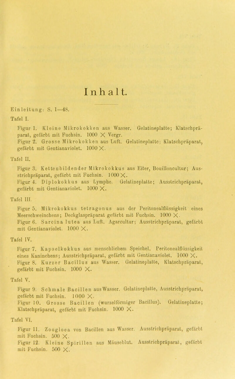 Inhalt. Einleitung: S. 1—48. Tafel I. Figur 1. Kleine Mikrokokken aus Wasser. Gelatineplatte; Klatschprä- parat, gefärbt mit Fuchsin. 1000 X Vergr. Figur 2. Grosse Mikrokokken aus Luft. Gelatineplattc; Klatschpräparat, gefärbt mit Gentianaviolet. 1000 X. Tafel II. Figur 3. Ketteubildender Mikrokokkus aus Eiter, Bouilloncultur; Aus- strichpräparat, gefärbt mit Fuchsin. lOOOX. Figur 4. Diplokokkus aus Lymphe. Gelatiueplatte; Ausstrichpräparat, gefärbt mit Gentianaviolet. 1000 X. Tafel 111 Figur 5. Mikrokokkus tetragonus aus der Poritonealflüssigkeit eines Meerschweinchens; Deckglaspräparat gefärbt mit Fuchsin. 1000 X- Figur 6. Sarcina lutea aus Luft. Agarcultur; Ausstrichpräparat, gefärbt mit Gentianaviolet. 1000 X. Tafel IV. Figur 7. Kapselkokkus aus menschlichem Speichel. Poritoneallliissigkeit eines Kaninchens; Ausstrichpräparat, gefärbt mit Gentianaviolet. 1000 X. Figur 8. Kurzer Bacillus aus Wasser. Gelatineplatte, Klatschpräparat, gefärbt mit Fuchsin. 1000 X. Tafel V. Figur 9. Schmale Bacillen aus Wasser, Gelatinoplatte, Ausstrichpräparat, gefärbt mit Fuchsin. 1000 X- Figur 10, Grosse Bacillen (wurzelförmiger Bacillus). Gelatineplatte; Klatschpräparat, gefärbt mit Fuchsin. 1000 X. Tafel VI. Figur 11. Zoogloea von Bacillen aus Wasser. Ausstrichpräparat, gefärbt mit Fuchsin. 500 X. Figur 12. Kleine Spirillen aus Mäuseblut. Ausstrichpräparat, gefärbt mit Fuchsin. 500 X.