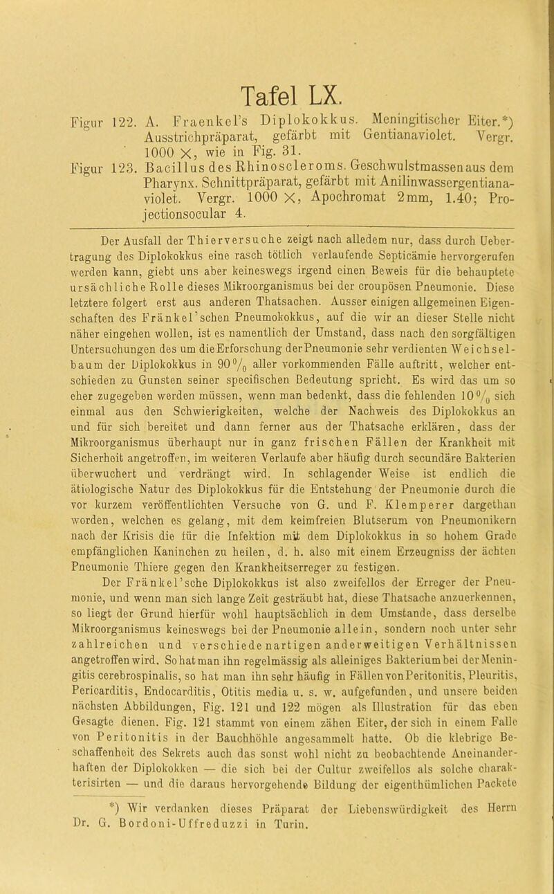 Figur 122. A. Fraenkel’s Diplokokkus. Meningilisclier Eiter.*) Ausstrichpräparat, gefärbt mit Gentianaviolet. Vergr. 1000 X, wie in Fig. 31. Figur 123. Bacillus des Rhinoscleroms. Geschwulstraassenaus dem Pharynx. Schnittpräparat, gefärbt mit Anilinwassergentiana- violet. Vergr. 1000 X, Apochromat 2mm, 1.40; Pro- jectionsocular 4. Der Ausfall der Thierversuche zeigt nach alledem nur, dass durch Ueber- tragung des Diplolcokkus eine rasch tötlich verlaufende Septicämie hervorgerufen werden kann, giebt uns aber keineswegs irgend einen Beweis für die behauptete ursächliche Rolle dieses Mikroorganismus bei der croupösen Pneumonie. Diese letztere folgert erst aus anderen Thatsachen. Ausser einigen allgemeinen Eigen- schaften des Frankel’sehen Pneumokokkus, auf die wir an dieser Stelle nicht näher eingehen wollen, ist es namentlich der Umstand, dass nach den sorgfältigen Untersuchungen des um die Erforschung derPneumonie sehr verdienten Wei ch sel- baum der Diplokokkus in 90®/q aller vorkommenden Fälle auftritt, welcher ent- schieden zu Gunsten seiner specifischen Bedeutung spricht. Es wird das um so eher zugegeben werden müssen, wenn man bedenkt, dass die fehlenden 10% sich einmal aus den Schwierigkeiten, welche der Nachweis des Diplokokkus an und für sich bereitet und dann ferner aus der Thatsache erklären, dass der Mikroorganismus überhaupt nur in ganz frischen Fällen der Krankheit mit Sicherheit angetroffen, im weiteren Verlaufe aber häufig durch secundäre Bakterien überwuchert und verdrängt wird. In schlagender Weise ist endlich die ätiologische Natur dos Diplokokkus für die Entstehung der Pneumonie durch die vor kurzem veröffentlichten Versuche von G. und F. Klemperer dargethan worden, welchen es gelang, mit dem keimfreien Blutserum von Pneumonikern nach der Krisis die für die Infektion mit dem Diplokokkus in so hohem Grade empfänglichen Kaninchen zu heilen, d. h. also mit einem Erzeugniss der ächten Pneumonie Thiere gegen den Krankheitserreger zu festigen. Der Fränkel’sche Diplokokkus ist also zweifellos der Erreger der Pneu- monie, und wenn man sich lange Zeit gesträubt hat, diese Thatsache anzuerkennen, so liegt der Grund hierfür wohl hauptsächlich in dem Umstande, dass derselbe Mikroorganismus keineswegs bei der Pneumonie allein, sondern noch unter sehr zahlreichen und verschiede nartigen anderweitigen Verhältnissen angetroffen wird. So hat man ihn regelmässig als alleiniges Bakterium bei der Menin- gitis cerebrospinalis, so hat man ihn sehr häufig in Fällen vonPeritonitis, Pleuritis, Pericarditis, Endocarditis, Otitis media u. s. w. aufgefunden, und unsere beiden nächsten Abbildungen, Fig. 121 und 122 mögen als Illustration für das eben Gesagte dienen. Fig. 121 stammt von einem zähen Eiter, der sich in einem Falle von Peritonitis in der Bauchhöhle angesammelt hatte. Ob die klebrige Be- schaffenheit des Sekrets auch das sonst wohl nicht zu beobachtende Aneinander- haften der Diplokokken — die sich bei der Cultur zweifellos als solche charak- terisirten — und die daraus hervorgehende Bildung der eigenthümlichen Packete *) Wir verdanken dieses Präparat der Liebenswürdigkeit des Herrn Dr. G. Bordoni-Uffreduzzi in Turin.