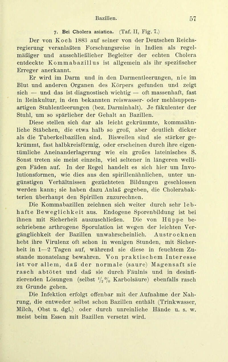 7. Bei Cholera asiatica. (Taf. II, Fig\ 7.) Der von Koch 1883 auf seiner von der Deutschen Reichs- regierung veranlaßten Forschungsreise in Indien als regel- mäßiger und ausschließlicher Begleiter der echten Cholera entdeckte Kommabazillus ist allgemein als ihr spezifischer Erreger anerkannt. Er wird im Darm und in den Darmentleerungen, nie im Blut und anderen Organen des Körpers gefunden und zeigt sich — und das ist diagnostisch wichtig — oft massenhaft, fast in Reinkultur, in den bekannten reiswasser- oder mehlsuppen- artigen Stuhlentleerungen (bez. Darminhalt). Je fäkulenter der Stuhl, um so spärlicher der Gehalt an Bazillen. Diese stellen sich dar als leicht gekrümmte, kommaähn- liche Stäbchen, die etwa halb so groß, aber deutlich dicker als die Tuberkelbazillen sind. Bisweilen sind sie stärker ge- krümmt, fast halbkreisförmig, oder erscheinen durch ihre eigen- tümliche Aneinanderlagerung wie ein großes lateinisches S. Sonst treten sie meist einzeln, viel seltener in längeren welli- gen Fäden auf. In der Regel handelt es sich hier um Invo- lutionsformen, wie dies aus den spirillenähnlichen, unter un- günstigen Verhältnissen gezüchteten Bildungen geschlossen werden kann; sie haben dazu Anlaß gegeben, die Cholerabak- terien überhaupt den Spirillen zuzurechnen. Die Kommabazillen zeichnen sich weiter durch sehr leb- hafte Beweglichkeit aus. Endogene Sporenbildung ist bei ihnen mit Sicherheit auszuschließen. Die von Hüppe be- schriebene arthrogene Sporulation ist wegen der leichten Ver- gänglichkeit der Bazillen unwahrscheinlich. Austrocknen hebt ihre Virulenz oft schon in wenigen Stunden, mit Sicher- heit in 1—2 Tagen auf, während sie diese in feuchtem Zu- stande monatelang bewahren. Von praktischem Interesse ist vor allem, daß der normale (saure) Magensaft sie rasch abtötet und daß sie durch Fäulnis und in desinfi- zierenden Lösungen (selbst ]/2 % Karbolsäure) ebenfalls rasch zu Grunde gehen. Die Infektion erfolgt offenbar mit der Aufnahme der Nah- rung, die entweder selbst schon Bazillen enthält (Trinkwasser, Milch, Obst u. dgl.) oder durch unreinliche Hände u. s. w. meist beim Essen mit Bazillen versetzt wird.