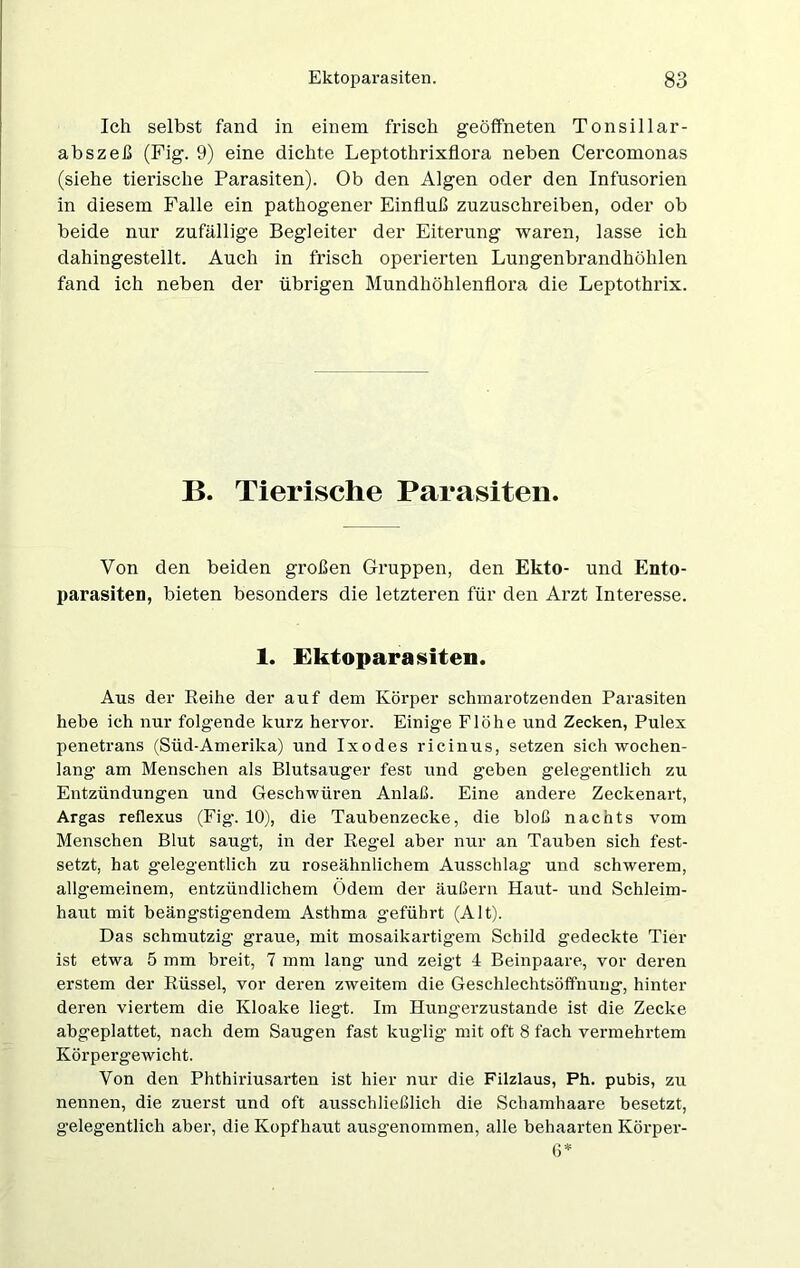 Ich selbst fand in einem frisch geöffneten Tonsillar- abszeß (Fig. 9) eine dichte Leptothrixflora neben Cercomonas (siehe tierische Parasiten). Ob den Algen oder den Infusorien in diesem Falle ein pathogener Einfluß zuzuschreiben, oder ob beide nur zufällige Begleiter der Eiterung waren, lasse ich dahingestellt. Auch in frisch operierten Lungenbrandhöhlen fand ich neben der übrigen Mundhöhlenflora die Leptothrix. B. Tierische Parasiten. Von den beiden großen Gruppen, den Ekto- und Ento- parasiten, bieten besonders die letzteren für den Arzt Interesse. 1. Ektoparasiten. Aus der Reihe der auf dem Körper schmarotzenden Parasiten hebe ich nur folgende kurz hervor. Einige Flöhe und Zecken, Pulex penetrans (Süd-Amerika) und Ixodes ricinus, setzen sich wochen- lang am Menschen als Blutsauger fest und geben gelegentlich zu Entzündungen und Geschwüren Anlaß. Eine andere Zeckenart, Argas reflexus (Fig. 10), die Taubenzecke, die bloß nachts vom Menschen Blut saugt, in der Regel aber nur an Tauben sich fest- setzt, hat gelegentlich zu roseähnlichem Ausschlag- und schwerem, allgemeinem, entzündlichem Ödem der äußern Haut- und Schleim- haut mit beängstigendem Asthma geführt (Alt). Das schmutzig graue, mit mosaikartigem Schild gedeckte Tier ist etwa 5 mm breit, 7 mm lang und zeigt 4 Beinpaare, vor deren erstem der Rüssel, vor deren zweitem die Geschlechtsöffnung, hinter deren viertem die Kloake liegt. Im Hungerzustande ist die Zecke abgeplattet, nach dem Saugen fast kuglig mit oft 8 fach vermehrtem Körpergewicht. Von den Phthiriusarten ist hier nur die Filzlaus, Ph. pubis, zu nennen, die zuerst und oft ausschließlich die Schamhaare besetzt, gelegentlich aber, die Kopfhaut ausgenommen, alle behaarten Körper- 6*