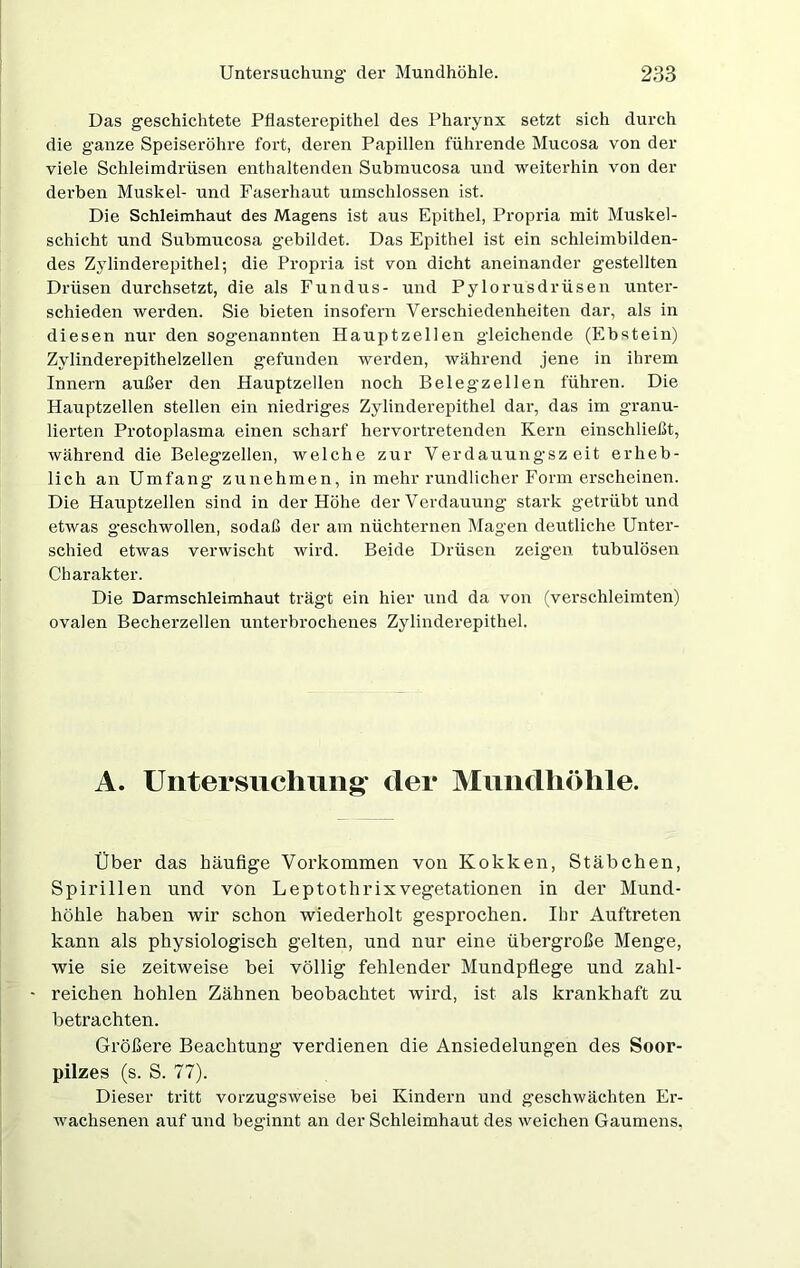 Das geschichtete Pfiasterepithel des Pharynx setzt sich durch die ganze Speiseröhre fort, deren Papillen führende Mucosa von der viele Schleimdrüsen enthaltenden Submucosa und weiterhin von der dei'hen Muskel- und Faserhaut umschlossen ist. Die Schleimhaut des Magens ist aus Epithel, Propria mit Muskel- schicht und Submucosa gebildet. Das Epithel ist ein schleimbilden- des Zylinderepithel; die Propria ist von dicht aneinander gestellten Drüsen durchsetzt, die als Fundus- und Pylorusdrüsen unter- schieden werden. Sie bieten insofern Verschiedenheiten dar, als in diesen nur den sogenannten Hauptzellen gleichende (Ebstein) Zylinderepithelzellen gefunden werden, während jene in ihrem Innern außer den Hauptzellen noch Beleg zellen führen. Die Hauptzellen stellen ein niedriges Zylinderepithel dar, das im granu- lierten Protoplasma einen scharf hervortretenden Kern einschließt, während die Belegzellen, welche zur Verdauungszeit erheb- lich an Umfang zu nehmen, in mehr rundlicher Form erscheinen. Die Hauptzellen sind in der Höhe der Verdauung stark getrübt und etwas geschwollen, sodaß der am nüchternen Magen deutliche Unter- schied etwas verwischt wird. Beide Drüsen zeigen tubulösen Charakter. Die Darmschleimhaut trägt ein hier und da von (verschleimten) ovalen Becherzellen unterbrochenes Zylinderepithel. A. Untersuchung' der Mundhöhle. Über das häufige Vorkommen von Kokken, Stäbchen, Spirillen und von Leptoth rix Vegetationen in der Mund- höhle haben wir schon wiederholt gesprochen. Ihr Auftreten kann als physiologisch gelten, und nur eine übergroße Menge, wie sie zeitweise bei völlig fehlender Mundpflege und zahl- reichen hohlen Zähnen beobachtet wird, ist als krankhaft zu betrachten. Größere Beachtung verdienen die Ansiedelungen des Soor- pilzes (s. S. 77). Dieser tritt vorzugsweise bei Kindern und geschwächten Er- wachsenen auf und beginnt an der Schleimhaut des weichen Gaumens.