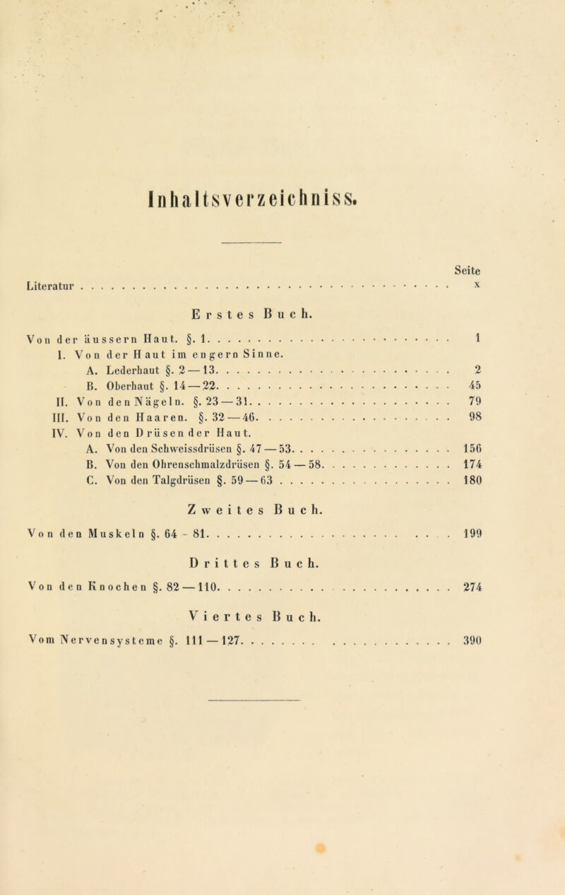 Inhaltsverzeichniss. Seite Literatur x Erstes Buch. Von der äussern Haut. §. 1 1 I. Von der Haut im engern Sinne. A. Lederhaut §.2 — 13 2 B. Oberhaut §. 14 — 22 45 II. Von de n Nägeln. §.23 — 31 79 III. Von den Haaren. §.32 — 46 98 IV. Von den D r ii s e n d e r Haut. A. Von den Schweissdriisen §. 47 — 53 156 B. Von den Ohrenschmalzdrüsen §. 54 — 58 174 C. Von den Talgdrüsen §.59 — 63 180 Zweites Buch. Von den Muskeln §. 64-81 199 Drittes Buch. Von den Knochen §.82 — 110 274 V iertes Buch. Vom Nervensysteme §. 111 — 127 390