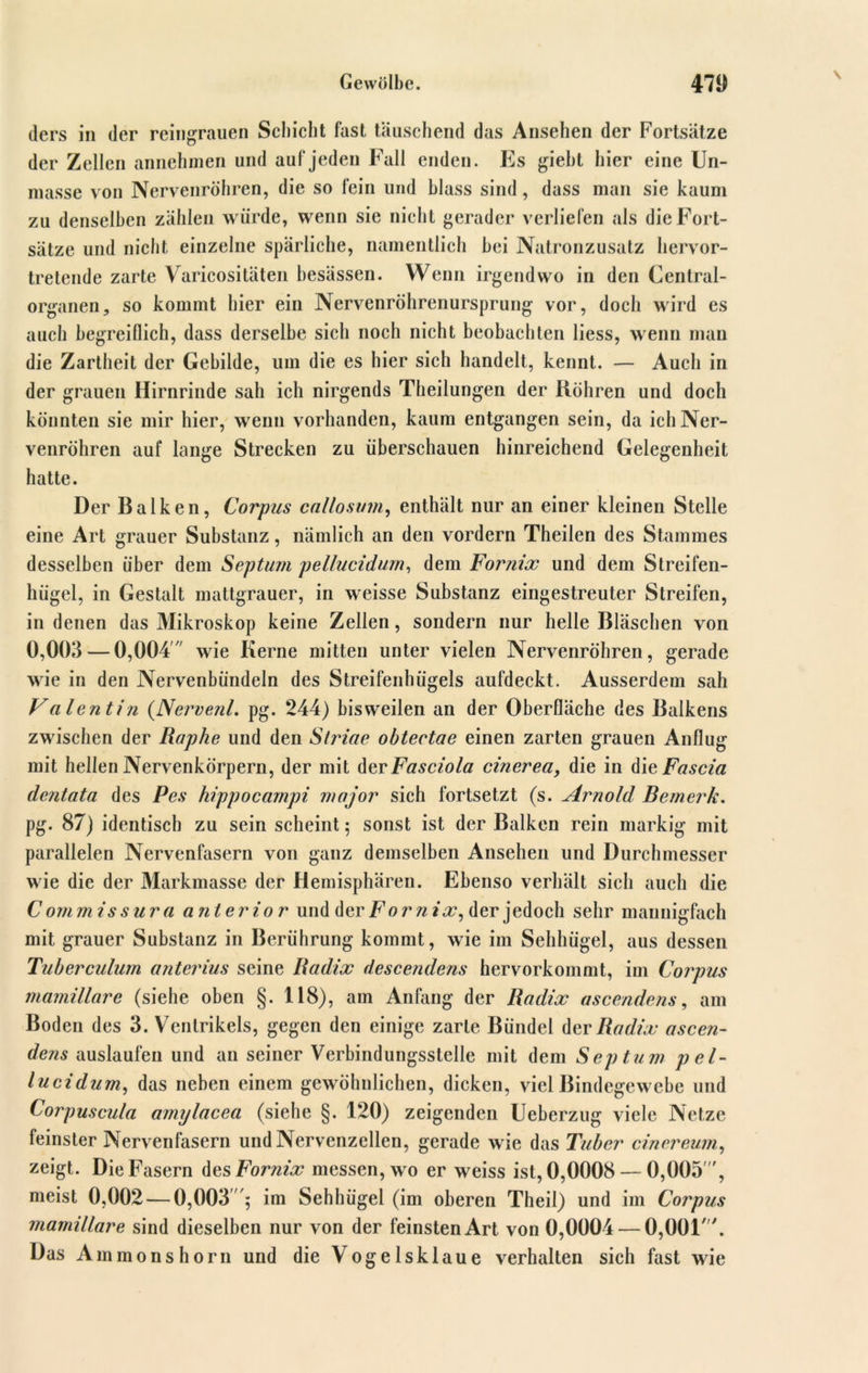 ders in der reingrauen Schicht fast täuschend das Ansehen der Fortsätze der Zellen annehmen und auf jeden Fall enden. Es giebt hier eine Un- masse von Nervenröhren, die so fein und blass sind, dass man sie kaum zu denselben zählen würde, wenn sie nicht gerader verliefen als die Fort- sätze und nicht einzelne spärliche, namentlich bei Natronzusatz hervor- tretende zarte Varicositäten hesässen. Wenn irgendwo in den Central- organen, so kommt hier ein Nervenröhrenursprung vor, doch wird es auch begreiflich, dass derselbe sich noch nicht beobachten liess, wenn mau die Zartheit der Gebilde, um die es hier sich handelt, kennt. — Auch in der grauen Hirnrinde sah ich nirgends Theilungen der Röhren und doch könnten sie mir hier, wenn vorhanden, kaum entgangen sein, da ich Ner- venröhren auf lange Strecken zu überschauen hinreichend Gelegenheit hatte. Der Balken, Corpus callosum, enthält nur an einer kleinen Stelle eine Art grauer Substanz, nämlich an den vordem Theilen des Stammes desselben über dem Septum pellucidum, dem Fornix und dem Streifen- hügel, in Gestalt mattgrauer, in weisse Substanz eingestreuter Streifen, in denen das Mikroskop keine Zellen, sondern nur helle Bläschen von 0,003 — 0,004 wie Kerne mitten unter vielen Nervenröhren, gerade wie in den Nervenbündeln des Streifenhügels aufdeckt. Ausserdem sah Valentin (Nervenl. pg. 244) bisweilen an der Oberfläche des Balkens zwischen der Rophe und den Striae obteetae einen zarten grauen Anflug mit hellen Nervenkörpern, der mit der Fasciola cinerea, die in dieFascia dentata des Pes hippocampi major sich fortsetzt (s. Arnold Bemerk. pg. 87) identisch zu sein scheint ; sonst ist der Balken rein markig mit parallelen Nervenfasern von ganz demselben Ansehen und Durchmesser wie die der Markmasse der Hemisphären. Ebenso verhält sich auch die Commissura anterior und der Forn ix, der jedoch sehr mannigfach mit grauer Substanz in Berührung kommt, wie im Sehhügel, aus dessen Tuberculum anterius seine Radix descendens hervorkommt, im Corpus mamillare (siehe oben §. 118), am Anfang der Radix ascendens, am Boden des 3. Ventrikels, gegen den einige zarte Bündel der Radix ascen- dens auslaufen und an seiner Verbindungsstelle mit dem Septum pel- lucidum, das neben einem gewöhnlichen, dicken, viel Bindegewebe und Corpuscula amylacea (siehe §. 120) zeigenden Ueberzug viele Netze feinster Nervenfasern und Nervenzellen, gerade wie das Tuber einereum, zeigt. Die Fasern des Fornix messen, wo er weiss ist, 0,0008 — 0,005', meist 0,002 — 0,003 ; im Sehhügel (im oberen Theil) und im Corpus mamillare sind dieselben nur von der feinsten Art von 0,0004 — 0,001'. Das Ammonshorn und die Vogelsklaue verhalten sich fast wie