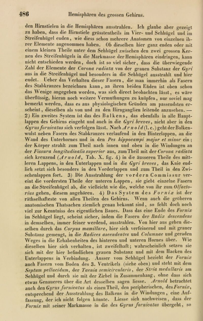 den Hirnstielen in die Hemisphären ausstrahlen. Ich glaube aber gezeigt zu haben, dass die Hirnstiele grösstentheils im Vier- und Sehhügel und im Streifenhügel enden, wie diess schon mehrere Anatomen von einzelnen ih- rer Elemente angenommen haben. Ob dieselben hier ganz enden oder mit einem kleinen 1 heile unter dem Sehhügel zwischen den zwei grossen Ker- nen des Slreifenhügels in die Markmasse der Hemisphären eindringen, kann nicht entschieden werden, doch ist so viel sicher, dass die überwiegende Zahl der Elemente der Corona rad/ata von der grauen Substanz der Gyri aus in die Streifenhügel und besonders in die Sehhügel ausstrahlt und hier endet. Leber das Verhalten dieser Fasern, die man immerhin als Fasern des Stabkranzes bezeichnen kann, an ihren beiden Enden ist oben schon das Wenige angegeben worden, was sich direct beobachten lässt, es wäre überflüssig, hieran noch weitere Vermuthungen zu knüpfen, nur soviel mag bemerkt werden, dass es aus physiologischen Gründen am passendsten er- scheint, dieselben als von und zu den Hirnganglien leitende anzusehen. — 2) Ein zweites System ist das des Balkens, das ebenfalls in alle Haupt- lappen des Gehirns eingeht und auch in die Gyri breves, nicht aber in den Gyrusfornicatus sich verfolgen lässt. Nach Am o ld(\. c.) geht der Balken- wulst neben Fasern des Stabkranzes verlaufend in den Hinterlappen, an die Wand des Unterhornes und in den Pes hippocampi major et minor ein ; der Körper strahlt zum Theil nach innen und oben iii die Windungen an der Fissura longitudinalis superior aus, zum Theil mit der Corona radiata sich kreuzend (Arnold, Tab. X. fig. 4) in die äusseren Theile des mitt- leren Lappens, in den Unterlappen und in die Gyri breves, das Knie end- lich setzt sich besonders in den Vorderlappen und zum Theil in den Zw i- schenlappen fort. 3) Die Ausstrahlung der vordem Commissur ver- eint die vordersten Theile der unteren Lappen, sie giebt einzelne Fasern an die Streifenhügel ab, die vielleicht wie die, welche von ihr zum Olfacto- rias gehen, diesem angehören. 4) Das System des Fornix ist der räthselhafteste von allen Theilen des Gehirns. Wenn auch die gröberen anatomischen Thatsachen ziemlich genau bekannt sind, so fehlt doch noch viel zur Kenntniss des eigentlichen Baues. Dass das eine Ende des Fornix im Sehhügel liegt, scheint sicher, indem die Fasern der Radix descendens in demselben, immer feiner werdend, ausstrahlen. Von hier aus gehen die- selben durch das Corpus mamillare, hier sich verfeinernd und mit grauer Substanz gemengt, in die Radices ascendentes und Columnae und geraden Weges in die Erhabenheiten des hinteren und unteren llornes über. Wie dieselben hier sich verhalten, ist zweifelhaft; wahrscheinlich setzen sie sich mit der hier befindlichen grauen Substanz und mit dem Hacken des Unterlappens in Verbindung. Ausser vom Sehhügel bezieht der Fornix auch Fasern vom Boden des 3. Ventrikels (siehe oben) und steht mit dem Septum pellucidum, der Taenia scmicircularis, der Stria medullaris am Sehhügel und durch sie mit der Zirbel in Zusammenhang, ohne dass sich etwas Genaueres über die Art desselben sagen Hesse. Arnold betrachtet auch den Gyrus fornicatus als einen Theil, den peripherischen, des Fornix, entsprechend der Ausstrahlung des Balkens in die Windungen , eine Auf- fassung, der ich nicht folgen könnte. Liesse sich naclnveisen, dass der Fornix mit seiner Markmasse in die des Gyrus fornicatus übergeht, so