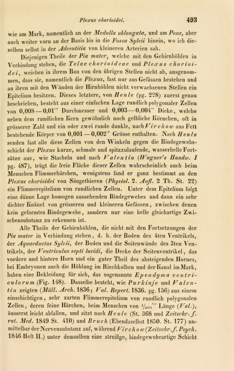 wie am Mark, namentlich an der Meilulla oblongala, und am Pons, aber auch weiter vorn an der Basis bis in die Fossa Sylvii hinein, wo ich die- selben selbst in der Adventitia von kleineren Arterien sah. Diejenigen Theile der Pia mater, welche mit den Gehirnhöhlen in Verbindung stehen, die Tclae chorioideae und Plexus chorioi- dei, weichen in ihrem Bau von den übrigen Stellen nicht ab, ausgenom- men, dass sie, namentlich die Plexus, fast nur aus Gelassen bestehen und an ihren mit den Wänden der Hirnhöhlen nicht verwachsenen Stellen ein Epitelium besitzen. Dieses letztere, von Henle (pg. 228) zuerst genau beschrieben, besteht aus einer einfachen Lage rundlich polygonaler Zellen von 0,008 — 0,01 Durchmesser und 0,003 — 0,004' Dicke, welche neben dem rundlichen Kern gewöhnlich noch gelbliche Körnchen, oft in grösserer Zahl und ein oder zwei runde dunkle, nach Virchow aus Fett bestehende Körper von 0,001 — 0,002 Grösse enthalten. Nach Henle senden fast alle diese Zellen von den Winkeln gegen die Bindegewebs- schicht der Plexus kurze, schmale und spitzzulaufende, wasserhelle Fort- sätze aus, wie Stacheln und nach Valentin (Wagner*s Handw. I pg. 487), trägt die freie Fläche dieser Zellen wahrscheinlich auch beim Menschen Flimmerhärchen, wenigstens fand er ganz bestimmt an den Plexus chorioidei von Säugethieren (Phijsiol. 2. Aufi. 2 Th. St. 22) ein Flimmerepitelium von rundlichen Zellen. Unter dem Epitelium folgt eine dünne Lage homogen aussehenden Bindegewebes und dann ein sehr dichter Knäuel von grösseren und kleineren Gefässen, zwischen denen kein geformtes Bindegewebe, sondern nur eine helle gleichartige Zwi- schensubstanz zu erkennen ist. Alle Theile der Gehirnhöhlen, die nicht mit den Fortsetzungen der Pia mater in Verbindung stehen, d. h. der Boden des 4ten Ventrikels, der Aquaeductus Sylvii, der Boden und die Seitenwände des 3ten Ven- trikels, der Ventriculus septi lucidi, die Decke der Seitenventrikel, das vordere und hintere Ilorn und ein guter Theil des absteigenden Hornes, bei Embryonen auch die Höhlung im Riechkolben und der Kanal im Mark, haben eine Bekleidung für sich, das sogenannte Ependyma ventri- culorum (Fig. 148). Dasselbe besteht, wie Purkinje und Valen- tin zeigten (Müll. Arch. 1836; Val. Repert. 1836. pg. 156) aus einem einschichtigen, sehr zarten Flimmerepitelium von rundlich polygonalen Zeilen, deren feine Härchen, beim Menschen von y40(/ Länge (VaL), äusserst leicht abfallen, und sitzt nach Henle (St. 368 und Zeitsehr. f. rat. Med. 1849 St. 410) und Bruch (Ebendaselbst 1850. St. 177) un- mittelbar der Nervensubstanz auf, w ährend Vir ch o w (ZeitschrPsych. 1846 Heft II.) unter demselben eine streifige, bindegewebeartige Schicht