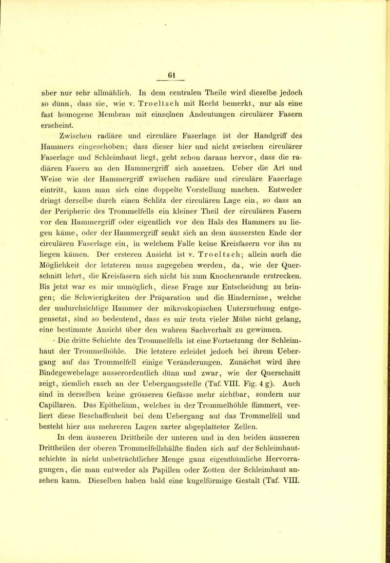 aber nur sehr allmählich. In dem centralen Theile wird dieselbe jedoch so dünn, dass sie, wie v. Troeltsch mit Recht bemerkt, nm- als eine fast homogene Membran mit einzelnen Andeutungen circulärer Fasern erscheint. Zwischen radiäre und circuläre Faserlage ist der Handgriff des Hammers eingeschoben; dass dieser hier und nicht zwischen circulärer Faserlage und Scldeünhaut liegt, geht schon daraus hervor, dass die ra- diären Fasern an den Hammergriff sich ansetzen. Ueber die Art und Weise wie der Hammergriff zwischen radiäre und circuläre Faserlage eintritt, kann man sich eine doppelte Vorstellung machen. Entweder di-ingt derselbe durch einen Schlitz der circulären Lage ein, so dass an der Peripherie des Trommelfells ein kleiner Theil der circulären Fasern vor den Hammergriff oder eigentlich vor den Hals des Hammers zu lie- gen käme, oder der Hammergriff senkt sich an dem äussei'sten Ende der circulären Faserlage ein, in welchem Falle keine Kreisfasern vor ihn zu liegen kämen. Der ersteren Ansicht ist v. Troeltsch; allein auch die Mögüchkeit der letzteren muss zugegeben werden, da, wie der Quer- schnitt lehrt, die Kreisfasern sich nicht bis zmn Knochenrande erstrecken. Bis jetzt war es mir unmöglich, diese Frage zur Entscheidung zu brin- gen; die Schwierigkeiten der Präparation und die Hindernisse, welche der undm'chsichtige Hammer der mikroskopischen Untersuchung entge- gensetzt, sind so bedeutend, dass es mir trotz vieler Mühe nicht gelang, eine bestimmte Ansicht über den wahren Sachverhalt zu gewinnen. • Die dritte Schichte des Trommelfells ist eine Fortsetzung der Schleim- haut der Trommelhöhle. Die letztere erleidet jedoch bei ihrem Ueber- gang auf das Trommelfell einige Veränderungen. Zimächst wird ihre Bindegewebelage ausserordentlich dünn und zwar, wie der Querschnitt zeigt, ziemlich rasch an der Uebergangsstelle (Taf. VHI. Fig. 4 g). Auch sind in derselben keine grösseren Gefässe mehr sichtbar, sondern nm* Caplllaren. Das Epithelium, welches in der Trommelhöhle flimmert, ver- liert diese Beschaffenheit bei dem Uebergang auf das Trommelfell und besteht hier aus mehreren Lagen zarter abgeplatteter Zellen. In dem äusseren Drittheile der imteren und in den beiden äusseren Drittheilen der oberen Trommelfellshälfte finden sich auf der Schleünhaut- schichte in nicht unbeträchtlicher Menge ganz eigenthümüche Hervorra- gungen, die man entweder als Papillen oder Zotten der Schleünhaut an- sehen kann. Dieselben haben bald eine kugelförmige Gestalt (Taf. VHI.