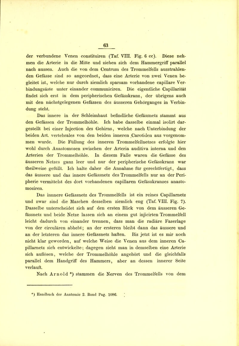 der verbundene Venen constituiren (Taf. VIII. Fig. 6 cc). Diese neh- men die Arterie in die Mitte und ziehen sich dem Hammergriff parallel nach aussen. Auch die von dem Centrum des Trommelfells ausstrahlen- den Gefässe sind so angeordnet, dass eine Arterie von zwei Venen be- gleitet ist, welche nur durch ziemlich sparsam vorhandene capillare Ver- bindungsäste unter einander communiciren. Die eigentliche Capillarität findet sich erst in dem peripherischen Gefässkranz, der übrigens auch mit den nächstgelegenen Gefässen des äusseren Gehörganges in Verbin- dung steht. Das innere in der Schleimhaut befindliche Gefässnetz stammt aus den Gefässen der Trommelhöhle. Ich habe dasselbe einmal isolirt dar- gestellt bei einer Injection des Gehirns, welche nach Unterbindung der beiden Art. vertebrales von den beiden inneren Carotiden aus vorgenom- men wurde. Die Füllung des inneren Trommelfellnetzes erfolgte hier wohl durch Anastomosen zwischen der Arteria auditiva interna und den Arterien der Trommelhöhle. In diesem Falle waren die Gefässe des äusseren Netzes ganz leer und nm' der peripherische Gefässkranz war theilweise gefüllt. Ich halte daher die Annahme für gerechtfertigt, dass das äussere und das innere Gefässnetz des Trommelfells nm- an der Pei'i- pherie vermittelst des dort vorhandenen capiUaren Gefässkranzes anasto- mosiren. Das innnere Gefässnetz des Trommelfells ist ein reines Capillarnetz und zwar sind die Maschen desselben ziemlich eng (Taf. VIII. Fig. 7). Dasselbe unterscheidet sich auf den ersten Blick von dem äusseren Ge- fässnetz und beide Netze lassen sich an einem gut injicirten Trommelfell leicht dadm'ch von einander trennen, dass man die radiäre Faserlage von der circulären abhebt; an der ersteren bleibt dann das äussere und an der letzteren das innere Gefässnetz haften. Bis jetzt ist es mir noch nicht klar geworden, auf welche Weise die Venen aus dem inneren Ca- pillarnetz sich entwickelte; dagegen sieht man in demselben eine Arterie sich auflösen, welche der Trommelhöhle angehört und die gleichfalls parallel dem Handgriff des Hammers, aber an dessen innerer Seite verlauft. Nach Arnold *) stammen die Nerven des Trommelfells von dem *) Handbuch der Anatomie 2. Band Pag. 1086.