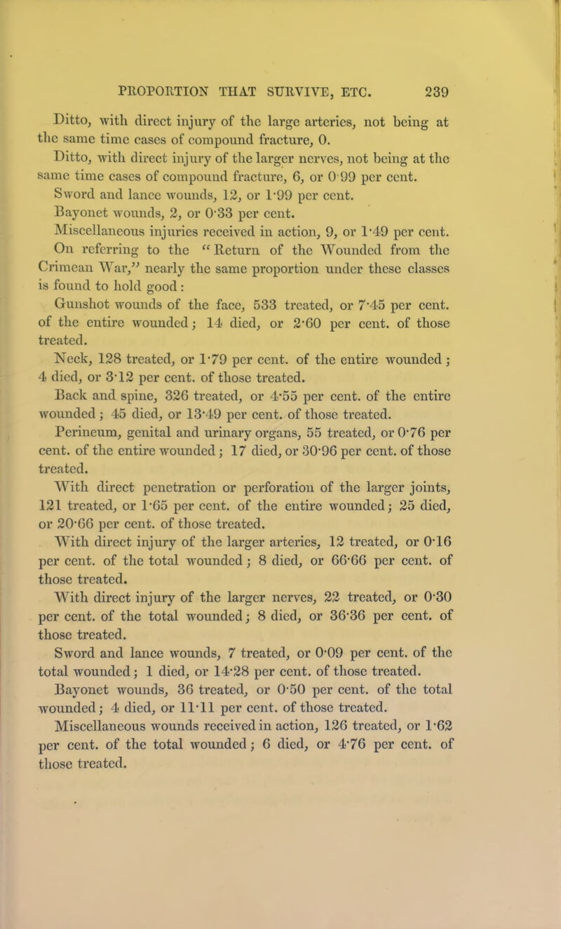 Ditto, with direct injury of the large arteries, not being at the same time cases of compound fracture, 0. Ditto, with direct injury of the larger nerves, not being at the same time cases of compound fracture, 6, or O'99 per cent. Sword and lance wounds, 12, or 1'99 per cent. Bayonet wounds, 2, or O'33 per cent. Miscellaneous injuries received in action, 9, or 1*49 per cent. On referring to the “ Return of the Wounded from the Crimean War,” nearly the same proportion under these classes is found to hold good : Gunshot wounds of the face, 533 treated, or 7*45 per cent, of the entire wounded; 14 died, or 2'60 per cent, of those treated. Neck, 128 treated, or 1'79 per cent, of the entire wounded; 4 died, or 3'12 per cent, of those treated. Back and spine, 326 treated, or 4*55 per cent, of the entire wounded; 45 died, or 13'49 per cent, of those treated. Perineum, genital and urinary organs, 55 treated, or 0*76 per cent, of the entire wounded; 17 died, or 3096 per cent, of those treated. With direct penetration or perforation of the larger joints, 121 treated, or 1'65 per cent, of the entire wounded; 25 died, or 2066 per cent, of those treated. With direct injury of the larger arteries, 12 treated, or O'16 per cent, of the total wounded; 8 died, or 66'66 per cent, of those treated. With direct injury of the larger nerves, 22 treated, or 0'30 per cent, of the total wounded; 8 died, or 36'36 per cent, of those treated. Sword and lance wounds, 7 treated, or 0'09 per cent, of the total wounded; 1 died, or 14*28 per cent, of those treated. Bayonet wounds, 36 treated, or 0'50 per cent, of the total wounded; 4 died, or 11*11 per cent, of those treated. Miscellaneous wounds received in action, 126 treated, or 1*62 per cent, of the total wounded; 6 died, or 4*76 per cent, of those treated.