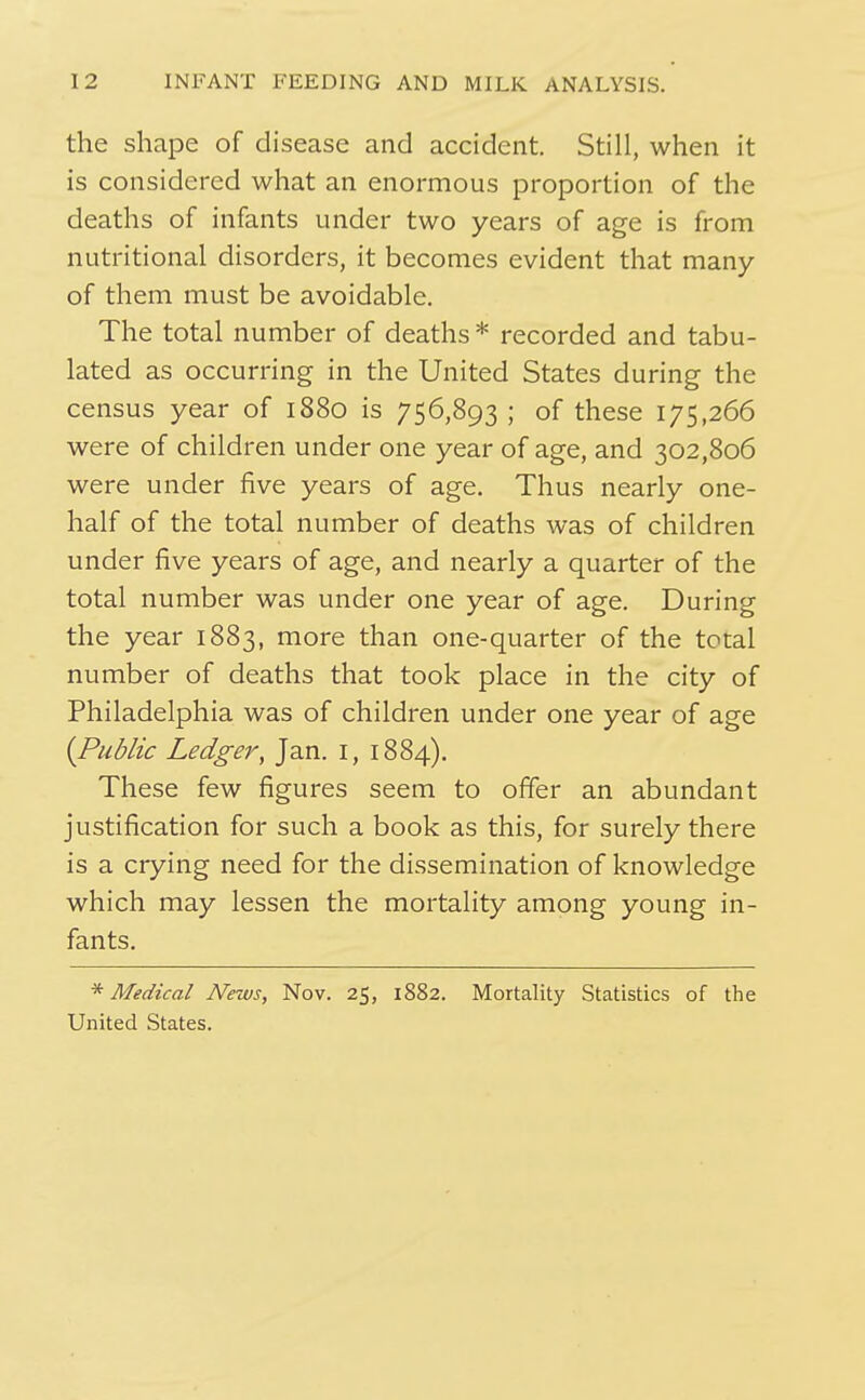the shape of disease and accident. Still, when it is considered what an enormous proportion of the deaths of infants under two years of age is from nutritional disorders, it becomes evident that many of them must be avoidable. The total number of deaths * recorded and tabu- lated as occurring in the United States during the census year of 1880 is 756,893 ; of these 175,266 were of children under one year of age, and 302,806 were under five years of age. Thus nearly one- half of the total number of deaths was of children under five years of age, and nearly a quarter of the total number was under one year of age. During the year 1883, more than one-quarter of the total number of deaths that took place in the city of Philadelphia was of children under one year of age {Public Ledger, Jan. i, 1884). These few figures seem to offer an abundant justification for such a book as this, for surely there is a crying need for the dissemination of knowledge which may lessen the mortality among young in- fants. * Medical News, Nov. 25, 1882. Mortality Statistics of the United States.