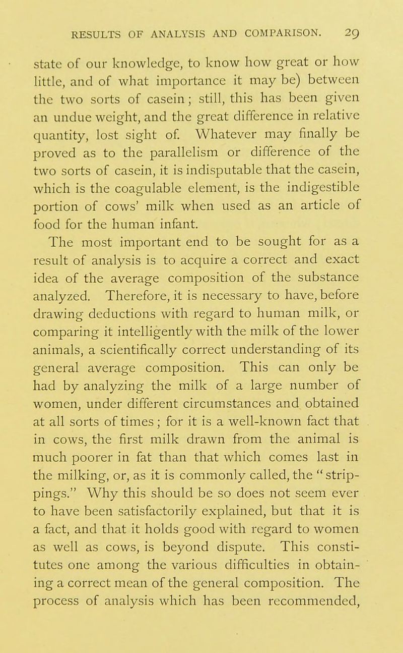 state of our knowledge, to know how great or how Httle, and of what importance it may be) between the two sorts of casein; still, this has been given an undue weight, and the great difference in relative quantity, lost sight of Whatever may finally be proved as to the parallelism or difference of the two sorts of casein, it is indisputable that the casein, which is the coagulable element, is the indigestible portion of cows' milk when used as an article of food for the human infant. The most important end to be sought for as a result of analysis is to acquire a correct and exact idea of the average composition of the substance analyzed. Therefore, it is necessary to have, before drawing deductions with regard to human milk, or comparing it intelligently with the milk of the lower animals, a scientifically correct understanding of its general average composition. This can only be had by analyzing the milk of a large number of women, under different circumstances and obtained at all sorts of times; for it is a well-known fact that in cows, the first milk drawn from the animal is much poorer in fat than that which comes last in the milking, or, as it is commonly called, the strip- pings. Why this should be so does not seem ever to have been satisfactorily explained, but that it is a fact, and that it holds good with regard to women as well as cows, is beyond dispute. This consti- tutes one among the various difficulties in obtain- ing a correct mean of the general composition. The process of analysis which has been recommended,