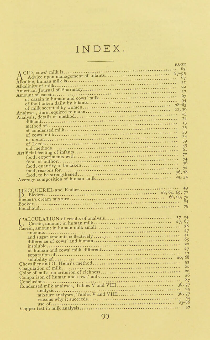 INDEX. PAGB 67 ACID, cows'milk IS V ■*/': 87-95 Advice upon management ol intants • ••• Alkaline, human milk is '.*'!!... 21 Alkalinity of milk • 22 American Journal of Pharmacy 27 Amount of casein V * 67 of casein in human and cows milk of food taken daily by infants •g_| of milk secreted by women * Analyses, time required to make ' Analysis, details of method ' . . . . 14 difficult !.'.!!'.*.!!!!.. 13 method of .. 25 of condensed milk of cows'milk 24 of cream | of Leeds 49 old methods gj Artificial feeding of infants food, experiments with ' food of author food, quantity to be taken ' ' food, reasons for 'g food, to be strengthened / ' ' Average composition of human milk y» Biedert's cream mixture • °' ^'^. Booker  Bouchaud ' CALCULATION of results of analysis '7. ^4 Casein, amount in human milk 27. °7 Casein, amount in human milk small 3 amounts ^ and sugar amounts collectively 4^ difference of cows' and human °S insoluble of human and cows' milk different 27 separation of iZ solubility of Chevallier and O. Henri's method 53 Coagulation of milk ^° Color of milk, no criterion of richness 20 Comparison of human and cows' milk 20 Conclusions ^ Condensed milk analyses, Tables V and VIII 3°, 77 analysis ^5 mixture analyses, Tables V and VIII 36, 77 reasons why it succeeds • °4 use of. 83-86 Copper test in milk analysis 57
