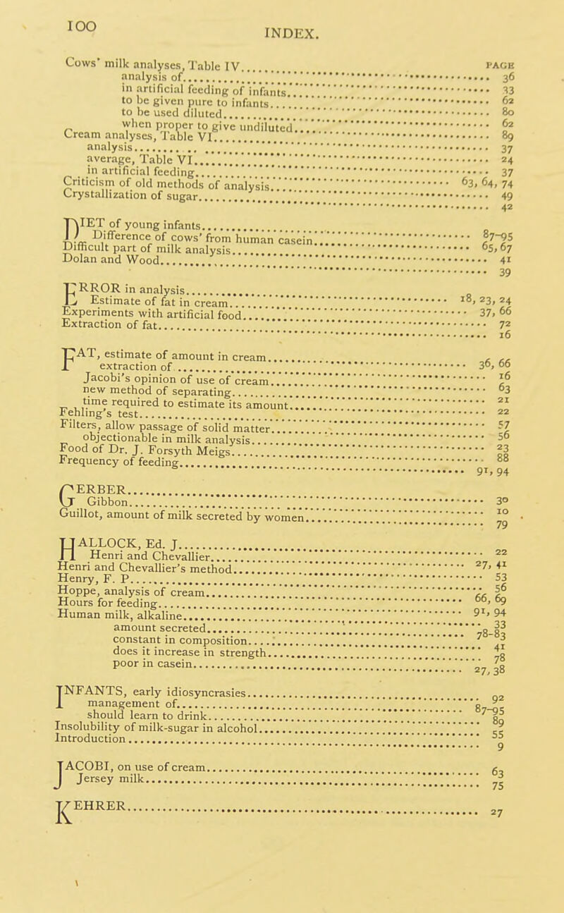 lOO INDEX. Cows' milk nnalyses, Table IV page analysis of 3^ in artificial feeding of infants^3 to be given pure to infants...'.62 to be used diluted 80 when proper to give undiluted.'.'.'.^ Cream analyses, Table VI 89 analysis 37 average, Table VI..*.'.','.'.'.'.'.]*.' 24 in artificial feeding ' 37 Criticism of old methods of analysis63, 64, 74 Crystallization of sugar... 49 42 DIET of young infants Difference of cows' from human casein.'.'.'!;;I^T Difficult part of milk analysis °5, 67 Dolan and Wood 41 39 I^RROR in analysis J Estimate of fat in cream '8, 23, 24 Experiments with artificial food 37. 66 Extraction of fat.... 72 16 FAT, estimate of amount in cream , extraction of 3°. ot> Jacobi's opinion of use of cream; new method of separating '.'.'.°3 T, , required to estimate its amouni;;;;;; Fehling s test 22 Filters, allow passage ofsolid matter'.'.'.'.'. objectionable in milk analysis Food of Dr. J. Forsyth Meigs.... ^3 Frequency of feeding ^ 91,94 GERBER , Gibbon ;'..!!'.'.;;;'.;;'. 30 Guillot, amount of milk secreted by women..'.'° ^ 79 HALLOCK, Ed. J Henri and Chevallier Henri and Chevallier's method *^ Henry, F. P _';;;;;53 Hoppe, analysis of cream ''« i Hours for feeding °°' 69 Human milk, alkaline -'.'.'..'.'.'.'.'.'.'.'.'..'.'...'.'.;...'..'..'.'.'.^ amount secreted ;. 1;;;;!;;;;'. constant in composition ;;;;!;;;;;;;;;;;;; does it increase in strength '.!!;;;;;;!;;;;,8 poor in casein .. .y.^H'.27 38 INFANTS, early idiosyncrasies -2 management of. !;.;;;;;!87-o<; should learn to drink !...!;;;'.!*.*.'.In Insolubility of milk-sugar in alcohol .'.'....;;;;;;;;;;;;;cE Introduction •'^ 9 JACOBI, on use of cream g Jersey milk ;;;;;;;;;!!;!;;;; 75 J^EHRER ,j
