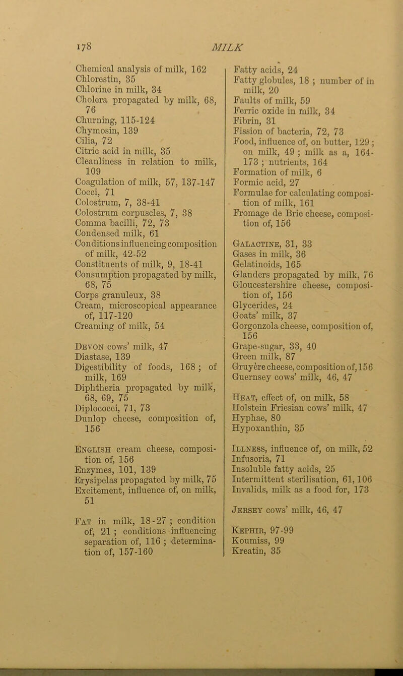Chemical analysis of milk, 162 Chlorestin, 35 Chlorine in milk, 34 Cholera propagated by milk, 68, 76 Churning, 115-124 Chymosin, 139 Cilia, 72 Citric acid in milk, 35 Cleanliness in relation to milk, 109 Coagulation of milk, 57, 137-147 Cocci, 71 Colostrum, 7, 38-41 Colostrum corpuscles, 7, 38 Comma bacilli, 72, 73 Condensed milk, 61 Conditions influencing composition of milk, 42-52 Constituents of milk, 9, 18-41 Consumption propagated by milk, 68, 75 Corps granuleux, 38 Cream, microscopical appearance of, 117-120 Creaming of milk, 54 Devon cows’ milk, 47 Diastase, 139 Digestibility of foods, 168 ; of milk, 169 Diphtheria propagated by milk, 68, 69, 75 Diplococci, 71, 73 Dunlop cheese, composition of, 156 English cream cheese, composi- tion of, 156 Enzymes, 101, 139 Erysipelas propagated by milk, 75 Excitement, influence of, on milk, 51 Fat in milk, 18-27 ; condition of, 21 ; conditions influencing separation of, 116 ; determina- tion of, 157-160 Fatty acids, 24 Fatty globules, 18 ; number of in milk, 20 Faults of milk, 59 Ferric oxide in milk, 34 Fibrin, 31 Fission of bacteria, 72, 73 Food, influence of, on butter, 129 ; on milk, 49 ; milk as a, 164- 173 ; nutrients, 164 Formation of milk, 6 Formic acid, 27 Formulae for calculating composi- tion of milk, 161 Fromage de Brie cheese, composi- tion of, 156 Galactine, 31, 33 Gases in milk, 36 Gelatinoids, 165 Glanders propagated by milk, 76 Gloucestershire cheese, composi- tion of, 156 Glycerides, 24 Goats’ milk, 37 Gorgonzola cheese, composition of, 156 Grape-sugar, 33, 40 Green milk, 87 Gruyere cheese, composition of, 156 Guernsey cows’ milk, 46, 47 Heat, effect of, on milk, 58 Holstein Friesian cows’ milk, 47 Hyphae, 80 Hypoxantliin, 35 Illness, influence of, on milk, 52 Infusoria, 71 Insoluble fatty acids, 25 Intermittent sterilisation, 61,106 Invalids, milk as a food for, 173 Jersey cows’ milk, 46, 47 Kephir, 97-99 Koumiss, 99 Kreatiu, 35