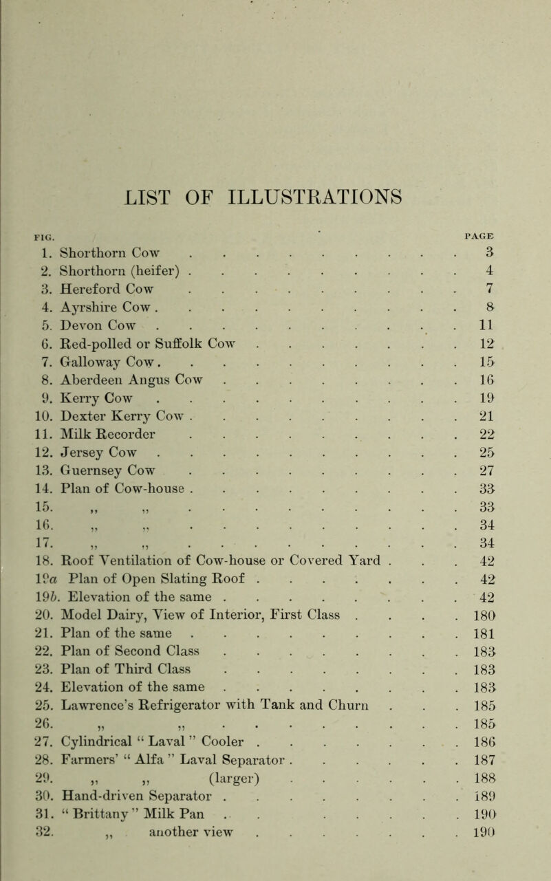 FIG. 1. Shorthorn Cow 2. Shorthorn (heifer) . 3. Hereford Cow 4. Ayrshire Cow . 5. Devon Cow G. Red-polled or Suffolk Cow 7. Galloway Cow. 8. Aberdeen Angus Cow 9. Kerry Cow 10. Dexter Kerry Cow . 11. Milk Recorder 12. Jersey Cow 13. Guernsey Cow 14. Plan of Cow-house . 15. 16. 17. 18. 19a 196. 20. 21. 22. 23. 24. 25. Roof Ventilation of Cow-house or Covered Yard Plan of Open Slating Roof . Elevation of the same . Model Dairy, View of Interior, First Class Plan of the same Plan of Second Class Plan of Third Class Elevation of the same Lawrence’s Refrigerator with Tank and Churi 27. Cylindrical “ Laval ” Cooler . 28. Farmers’ “ Alfa ” Laval Separator 29. „ „ (larger) 30. Hand-driven Separator . 31. “ Brittany ” Milk Pan 32. „ another view PAGE 3 4 7 8 11 . 12 . 15 . 16 . 19 . 21 . 22 . 25 • 27 . 33 . 33 . 34 . 34 . 42 . 42 . 42 . 180 . 181 . 183 . 183 . 183 . 185 . 185 . 186 . 187 . 188 . 189 . 190 . 190