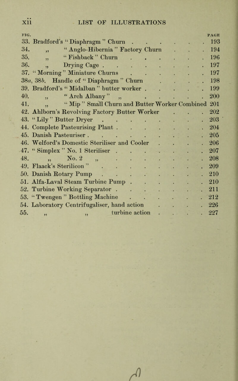 FIG. PAGE 33. Bradford’s “ Diaphragm ” Churn 193 34. „ “ Anglo-Hibernia ” Factory Churn . . . 194 35. „ “ Fishback ” Churn 196 36. „ Drying Cage 197 37. “ Morning ” Miniature Churns 197 38a, 38b. Handle of “ Diaphragm ” Churn .... 198 39. Bradford’s “ Midalban” butter worker 199 40. „ “Arch Albany ” „ 200 41. „ “ Mip ” Small Churn and Butter Worker Combined 201 42. Ahlborn’s Revolving Factory Butter Worker . . . 202 43. “ Lily ” Butter Dryer 203 44. Complete Pasteurising Plant 204 45. Danish Pasteuriser 205 46. Welford’s Domestic Steriliser and Cooler .... 206 47. “ Simplex ” No. 1 Steriliser 207 48. „ No. 2 208 49. Flaack’s Sterilicon ” 209 50. Danish Rotary Pump . . . . . . . .210 51. Alfa-Laval Steam Turbine Pump 210 52. Turbine Working Separator 211 53. “ Twengen ” Bottling Machine 212 54. Laboratory Centrifugaliser, hand action .... 226 55. „ „ turbine action .... 227