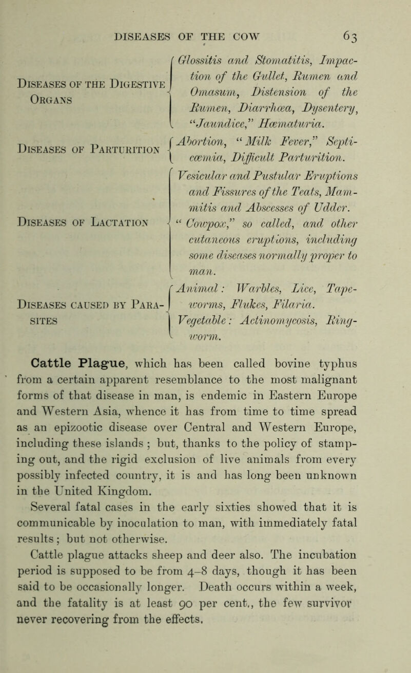 Diseases of the Digestive Organs Diseases of Parturition Diseases of Lactation Diseases caused by Para- sites r Glossitis and Stomatitis, Impac- tion of the Gullet, Rumen and - Omasum, Distension of the Rumen, Diarrhoea} Dysentery, “Jaundice,” Hcematuria. f Abortion, “ Milk FeverSepti- \ cmmia, Difficult Parturition. Vesicular and Pustular Eruptions and Fissures of the Teats, Mam- mitis and Abscesses of Udder. * “ Gowpox,” so called, and other cutaneous eruptions, including some diseases normally proper to man. r Animal: Warbles, Lice, Tape- worms, Flukes, Filaria. Vegetable: Actinomycosis, Ring- v worm. Cattle Plague, which has been called bovine typhus from a certain apparent resemblance to the most malignant forms of that disease in man, is endemic in Eastern Europe and Western Asia, whence it has from time to time spread as an epizootic disease over Central and Western Europe, including these islands ; but, thanks to the policy of stamp- ing out, and the rigid exclusion of live animals from every possibly infected country, it is and has long been unknown in the United Kingdom. Several fatal cases in the early sixties showed that it is communicable by inoculation to man, with immediately fatal results ; but not otherwise. Cattle plague attacks sheep and deer also. The incubation period is supposed to be from 4-8 days, though it has been said to be occasionally longer. Death occurs within a week, and the fatality is at least 90 per cent,, the few survivor never recovering from the effects.