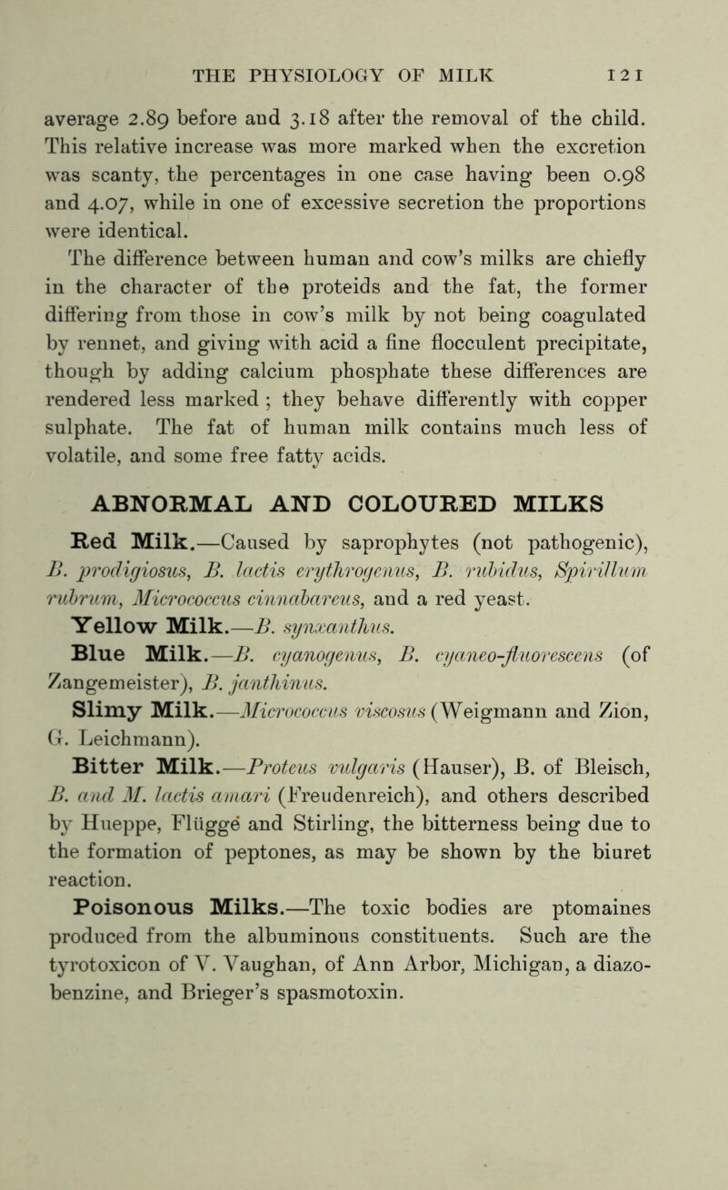 average 2.89 before and 3.18 after the removal of the child. This relative increase was more marked when the excretion was scanty, the percentages in one case having been 0.98 and 4.07, while in one of excessive secretion the proportions were identical. The difference between human and cow’s milks are chiefly in the character of the proteids and the fat, the former differing from those in cow’s milk by not being coagulated by rennet, and giving with acid a fine flocculent precipitate, though by adding calcium phosphate these differences are rendered less marked ; they behave differently with copper sulphate. The fat of human milk contaius much less of volatile, and some free fatty acids. ABNORMAL AND COLOURED MILKS Red Milk.—Caused by saprophytes (not pathogenic), B. prodigiosus, B. lactis erythrogenus, B. rubidus, Spirillum rubrum, Micrococcus cinnabareus, and a red yeast. Yellow Milk.—B. synxanthus. Blue Milk.—B. cyanogenus, B. eyaneo-fluorescens (of Zangemeister), B. janthinus. Slimy Milk. —Micrococcus viscosus (Weigmann and Zion, G. Leichmann). Bitter Milk.—Proteus vulgaris (Hauser), B. of Bleisch, B. and M. lactis amari (Freudenreich), and others described by Hueppe, Fliigge and Stirling, the bitterness being due to the formation of peptones, as may be shown by the biuret reaction. Poisonous Milks.—The toxic bodies are ptomaines produced from the albuminous constituents. Such are the tyrotoxicon of V. Vaughan, of Ann Arbor, Michigan, a diazo- benzine, and Brieger’s spasmotoxin.