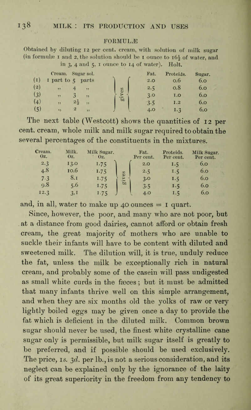 FORMULAE Obtained by diluting 12 per cent, cream,, with solution of milk sugar (in formulae 1 and 2, the solution should be 1 ounce to i6| of water, and in 3, 4 and 5, 1 ounce to 14 of water). Holt. Cream. Sugar sol. Fat. Proteids. Sugar. (I) 1 part to 5 parts 2.0 0.6 6.0 (2) » 4 0 CO 2-5 0.8 6.0 (3) u 3 ft  > - 3-0 1.0 6.0 (4) ff » ‘So 3-5 1.2 6.0 (5) «> 2 l 4-0 • i-3 6.0 The next table (Westcott) shows the quantities of 12 per cent, cream, whole milk and milk sugar required to obtain the several percentages of the constituents in the mixtures. Cream. Milk. Milk Sugar. Fat. Proteids. Milk Sugar. Oz. Oz. ' Oz. Per cent. Per cent. Per cent. 2-3 13.0 i-75 \ 2.0 1-5 6.0 4.8 10.6 i.75 1 CO 2-5 i-5 6.0 7-3 8.1 i-75 l g J 1 - 1 3-o i-5 6.0 9.8 5-6 i-75 3-5 i-5 6.0 12.3 3.i 1 75 , 1 l 4-0 i-5 6.0 and, in all, water to make up 40 ounces = 1 quart. Since, however, the poor, and many who are not poor, but at a distance from good dairies, cannot afford or obtain fresh cream, the great majority of mothers who are unable to suckle their infants will have to be content with diluted and sweetened milk. The dilution will, it is true, unduly reduce the fat, unless the milk be exceptionally rich in natural cream, and probably some of the casein will pass undigested as small white curds in the faeces; but it must be admitted that many infants thrive well on this simple arrangement, and when they are six months old the yolks of raw or very lightly boiled eggs may be given once a day to provide the fat which is deficient in the diluted milk. Common brown sugar should never be used, the finest white crystalline cane sugar only is permissible, but milk sugar itself is greatly to be preferred, and if possible should be used exclusively. The price, is. 3^. per lb., is not a serious consideration, and its neglect can be explained only by the ignorance of the laity of its great superiority in the freedom from any tendency to