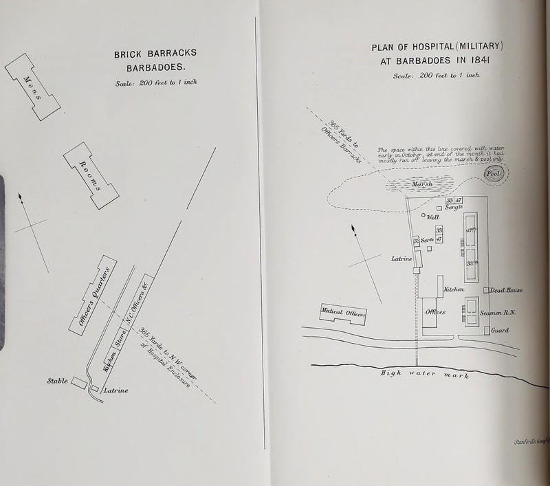 BRICK BARRACKS barbadoes. Scale,: SOO feet to 'i in^t. Stable plan of hospital (military) at barbadoes in 1841 Scale! zoo feet to 1 inch. Stojiford^ Oec