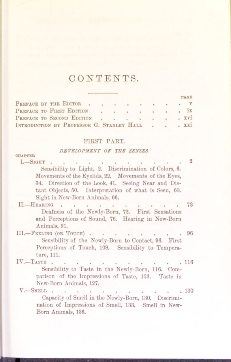 CONTENTS. PA.GD Preface by tiie Editor v Preface to First Edition ix Preface to Second Edition xvi Introduction by Professor G. Stanley Hall . . . xxi FIRST PART. DEVELOPMENT OE TIIE SENSES. CHAPTER 1.—SionT 2 Sensibility to Light, 2. Discrimination of Colors, 6. Movements of the Eyelids, 22. Movements of the Eves, 34. Direction of the Look, 41. Seeing Near and Dis- tant Objects, 50. Interpretation of what is Seen, 60. Sight in New-Born Animals, 66. II. —Hearing 73 Deafness of the Newly-Born, 72. First Sensations and Perceptions of Sound, 76. Hearing in New-Born Animals, 91. III. —Feelino (or Touch) 96 Sensibility of the Newly-Born to Contact, 96. First Perceptions of Touch, 108. Sensibility to Tempera- ture, 111. IV. —Taste 116 Sensibility to Taste in the Newly-Born, 116. Com- parison of the Impressions of Taste, 123. Taste in New-Born Animals, 127. V.—Smell 130 Capacity of Smell in the Newly-Born, 130. Discrimi- nation of Impressions of Smell, 133. Smell in New- Born Animals, 136.