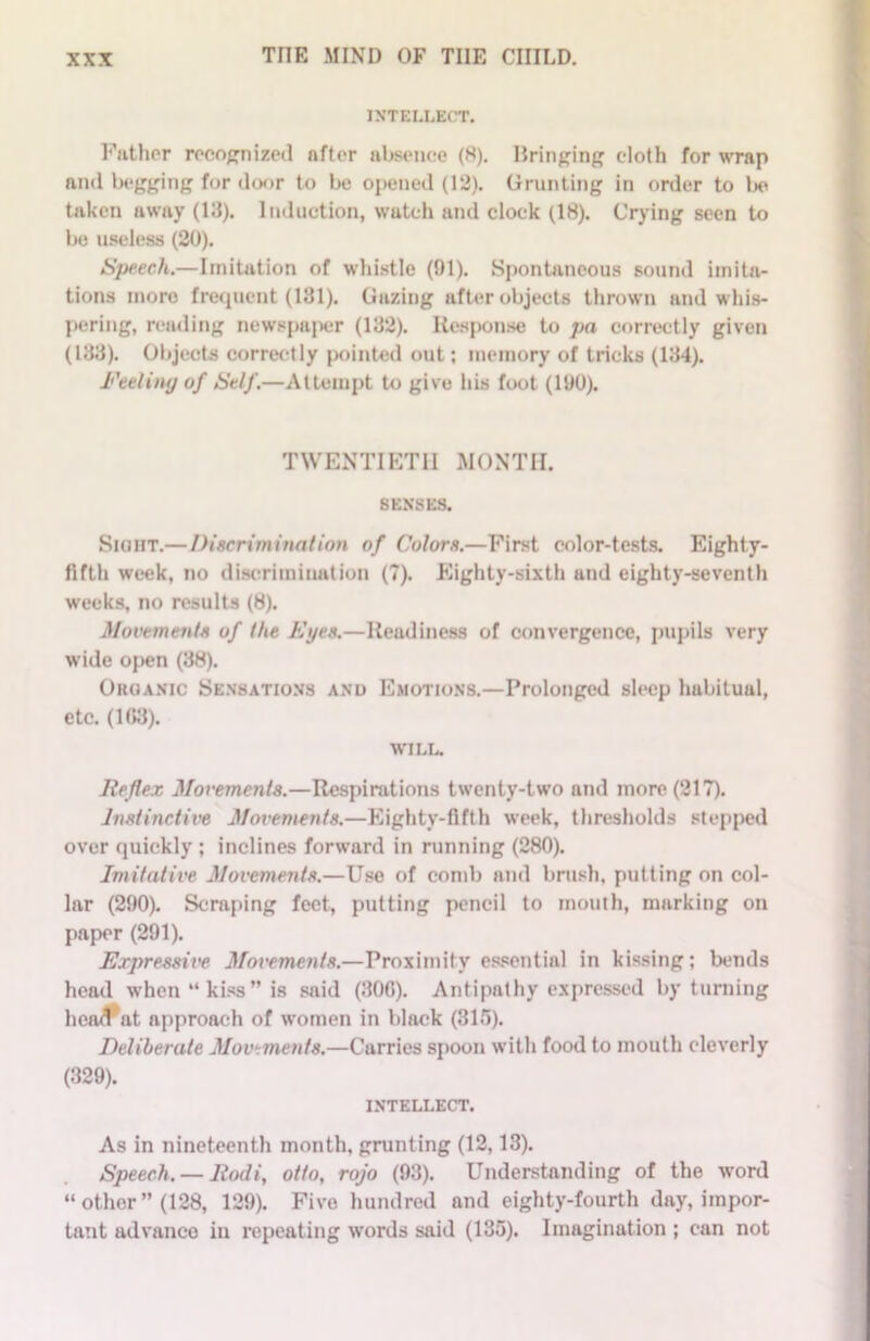 INTELLECT. Father recognized after absence (8). Bringing cloth for wrap and begging for door to be opened (12). Grunting in order to Ijo taken away (13). Induction, watch and clock (18). Crying seen to be useless (20). Speech.—Imitution of whistle (91). Spontaneous sound imita- tions more frequent (131). Gazing after objects thrown and whis- pering, reading newspaper (132). Response to pa correctly given (133). Objects correctly pointed out; memory of tricks (134). Feeling of Self.—Attempt to give his foot (190). TWENTIETH MONTH. SENSES. Sight.—Discrimination of Colors.—First color-tests. Eighty- fifth week, no discrimination (7). Eighty-sixth and eighty-seventh weeks, no results (8). Movements of the Eyes.—Readiness of convergence, pupils very wide open (38). Organic Sensations and Emotions.—Prolonged sleep habitual, etc. (103). WILL. lie flex Movements.—Respirations twenty-two and more (217). Instinctive Movements.—Eighty-fifth week, thresholds stepped over quickly ; inclines forward in running (280). Imitative Movements.—Use of comb and brush, putting on col- lar (290). Scraping feet, putting pencil to mouth, marking on paper (291). Expressive Movements.—Proximity essential in kissing; bends head when “kiss” is said (30G). Antipathy expressed by turning hea^at approach of women in black (315). Deliberate Movements.—Carries spoon with food to mouth cleverly (329). INTELLECT. As in nineteenth month, grunting (12,13). Speech. — Rodi, otto, rojo (93). Understanding of the word “other” (128, 129). Five hundred and eighty-fourth day, impor- tant advance in repeating words said (135). Imagination ; can not