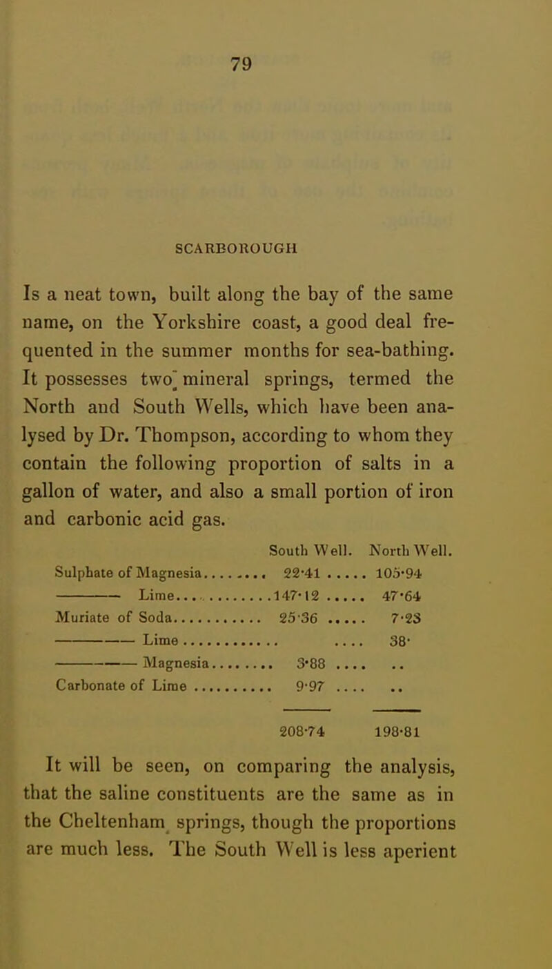 SCARBOROUGH Is a neat town, built along the bay of the same name, on the Yorkshire coast, a good deal fre- quented in the summer months for sea-bathing. It possesses two] mineral springs, termed the North and South Wells, which have been ana- lysed by Dr. Thompson, according to whom they contain the following proportion of salts in a gallon of water, and also a small portion of iron and carbonic acid gas. Southwell. North Well. Sulphate of Magnesia 22'41 105'94 Lime 147-12 47-64 Muriate of Soda 25'36 7-23 Lime .... 38' Magnesia 3*88 Carbonate of Lime 9'97 208-74 198-81 It will be seen, on comparing the analysis, that the saline constituents are the same as in the Cheltenham springs, though the proportions are much less. The South Well is less aperient