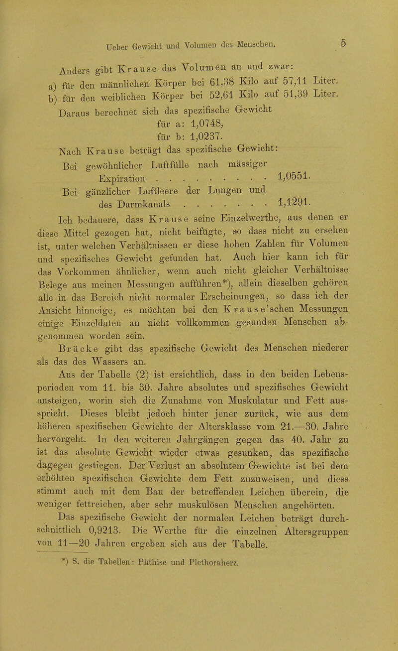 Anders gibt Krause das Volumen an und zwar: a) für den männlichen Körper bei 61,38 Kilo auf 57,11 Liter. b) für den weiblichen Körper bei 52,61 Kilo auf 51,39 Liter. Daraus berechnet sich das spezifische Grewicht für a: 1,0748, für b: 1,0237. Nach Krause beträgt das spezifische Gewicht: Bei gewöhnlicher Luftfülle nach massiger Expiration 1,0551. Bei gänzlicher Luftleere der Lungen und des Darmkanals 1,1291. Ich bedauere, dass Krause seine Einzelwerthe, aus denen er diese Mittel gezogen hat, nicht beifügte, so dass nicht zu ersehen ist, unter welchen Verhältnissen er diese hohen Zahlen für Volumen und spezifisches Gewicht gefunden hat. Auch hier kann ich für das Vorkommen ähnlicher, wenn auch nicht gleicher Verhältnisse Belege aus meinen Messungen aufführen*), allein dieselben gehören alle in das Bereich nicht normaler Erscheinungen, so dass ich der Ansicht hinneige, es möchten bei den Kraus e'schen Messungen einige Einzeldaten an nicht vollkommen gesunden Menschen ab- genommen worden sein. Brücke gibt das spezifische Gewicht des Menschen niederer als das des Wassers an. Aus der Tabelle (2) ist ersichtlich, dass in den beiden Lebeus- perioden vom 11. bis 30. Jahre absolutes und spezifisches Gewicht ansteigen, worin sich die Zunahme von Muskulatur und Fett aus- spricht. Dieses bleibt jedoch hinter jener zurück, wie aus dem höheren spezifischen Gewichte der Altersklasse vom 21.—30. Jahre hervorgeht. Li den weiteren Jahrgängen gegen das 40. Jahr zu ist das absolute Gewicht wieder etwas gesunken, das spezifische dagegen gestiegen. Der Verlust an absolutem Gewichte ist bei dem erhöhten spezifischen Gewichte dem Fett zuzuweisen, und diess stimmt auch mit dem Bau der betreffenden Leichen überein, die weniger fettreichen, aber sehr muskulösen Menschen angehörten. Das spezifische Gewicht der normalen Leichen beträgt durch- schnittlich 0,9213. Die Werthe für die einzelnen Altersgruppen von 11—20 Jahren ergeben sich aus der Tabelle. *) S, die Tabellen: Phthise und Plethoraherz.