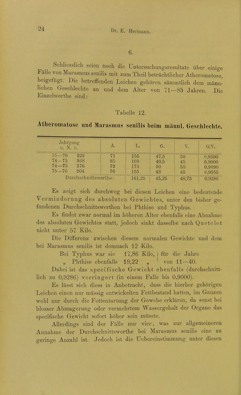 6. Schliesslich seien noch die Untersuchungsresultate über einige Fälle von Marasmus senilis mit zum Theil beträchtlicher Atheromatose, beigefügt. Die betreffenden Leichen gehören sämmtlich dem männ- lichen Geschlechte an und dem Alter von 71—85 Jahren. Die Einzelwerthe sind: Tabelle 12. Atheromatose und Marasmus senilis beim männl. Geschleclite. Jahrgang u. N_ c_ A. L. G. V. G/V. 75—76 222 74-75 368 74— 7.5 376 75— 76 204 71 85 72 76 155 160 175 155 47,5 40,5 50 43 50 45 55 45 0,9500 0,9000 0,9090 0,9555 Durchschnittswerthe: 161,25 45,25 48,75 0,9286 Es zeigt sich durchweg bei diesen Leichen eine bedeutende Verminderung des absoluten Gewichtes, unter den bisher ge- fundenen Durchschnittswerthen bei Phthise und Typhus. Es findet zwar normal im höheren Alter ebenfalls eine Abnahme des absoluten Gewichtes statt, jedoch sinkt dasselbe nach Quotelet nicht unter 57 Kilo. Die Differenz zwischen diesem normalen Gewichte und dem bei Marasmus senilis ist demnach 12 -Kilo. Bei Typhus war sie 17,86 Kilo, i für die Jahre „ Phthise ebenfalls 19,22 „ ^ von 11—40. Dabeiist das specifische Gewicht ebenfalls (durchschnitt- lich zu 0,9286) verringert (in einem Falle bis 0,9000). Es lässt sich diess in Anbetracht, dass die hierher gehörigen Leichen einen nur massig entwickelten Fettbestand hatten, im Ganzen wohl nur durch die Fettentartung der Gewebe erklären, da sonst bei blosser Abmagerung oder vermehrtem Wassergehalt der Organe das specifische Gewicht sofort höher sein müsste. Allerdings sind der Fälle nur vier, was zur allgemeineren Annahme der Durchschnittswerthe bei Marasmus senilis eine zu geringe Anzahl ist. Jedoch ist die Uebereinstimmung unter diesen