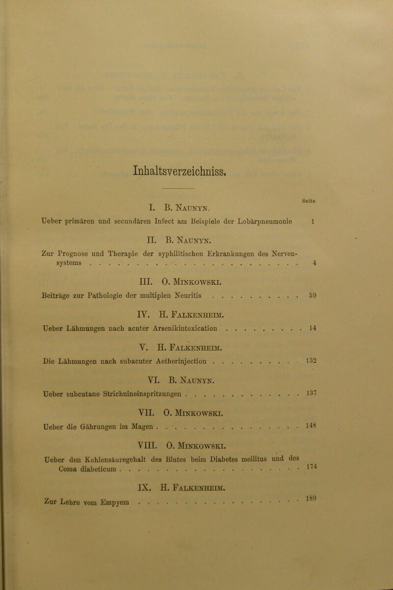 Inhaltsverzeichniss. Seite I. B. Naunyn. Ueber primaren und secundaren Infect am Beispiele der Lobarpneumonie 1 II. B. Naunyn. Zur Prognose und Therapie der syphilitischen Erkrankungen des Nerven- systems 4 III. 0. Minkowski. Beitrage zur Pathologie der multiplen Neuritis 59 IV. H. Falkenheim. Ueber Lahmungen nach acuter Arsenikintoxication 14 V. H. Falkenheim. Die Lahmungen nach subacuter Aetherinjection 132 VI. B. Naunyn. Ueber subcutane Strichnineinspritzungen 13 VII. 0. Minkowski. Ueber die Gahrungen im Magen . 1-18 VIII. 0. Minkowski. Ueber den Koblensauregehalt des Blutes beim Diabetes mellitus und des Coma diabeticum 174 IX. H. Falkenheim. Zur Lebre vom Empyem . 1S9