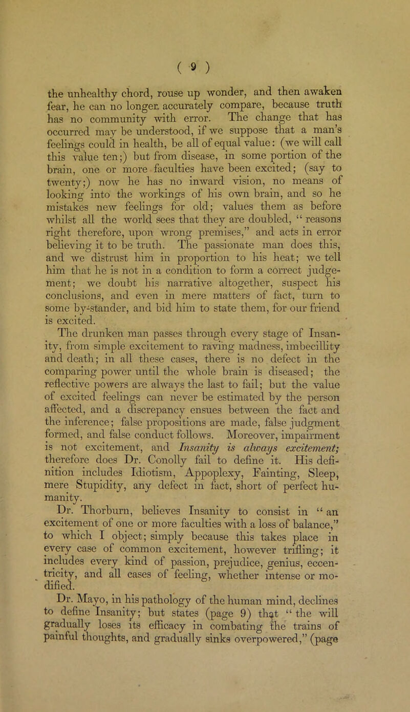 the unhealthy chord, rouse up wonder, and then awaken fear, he can no longer, accurately compare, because truth has no community with error. The change that has occurred may be understood, if we suppose that a man s feelings could in health, be all of equal value: (we will call this value ten;) but from disease, in some portion of the brain, one or more faculties have been excited; (say to twenty;) now he has no inward vision, no means of looking into the workings of his own brain, and so he mistakes new feelings for old; values them as before whilst all the world sees that they are doubled, “ reasons right therefore, upon wrong premises,” and acts in error believing it to be truth. The passionate man does this, and we distrust him in proportion to his heat; we tell him that he is not in a condition to form a correct judge- ment; we doubt his narrative altogether, suspect his conclusions, and even in mere matters of fact, turn to some by-stander, and bid him to state them, for our friend is excited. The drunken man passes through every stage of Insan- ity, from simple excitement to raving madness, imbecillity and death; in all these cases, there is no defect in the comparing power until the whole brain is diseased; the reflective powers arc always the last to fail; but the value of excited feelings can never be estimated by the person affected, and a discrepancy ensues between the fact and the inference; false propositions are made, false judgment formed, and false conduct follows. Moreover, impairment is not excitement, and Insanity is always excitement; therefore does Dr. Conolly fail to define it. His defi- nition includes Idiotism, Appoplexy, Fainting, Sleep, mere Stupidity, any defect in fact, short of perfect hu- manity. Dr. Thorburn, believes Insanity to consist in “ an excitement of one or more faculties with a loss of balance,” to which I object; simply because this takes place in every case of common excitement, however trifling; it includes every kind of passion, prejudice, genius, eccen- tricity, and all cases of feeling, whether intense or mo- dified. Dr. Mayo, in his pathology of the lnunan mind, declines to define Insanity; but states (page 9) thqt “the will gradually loses its efficacy in combating the trains of painful thoughts, and gradually sinks overpowered,” (page