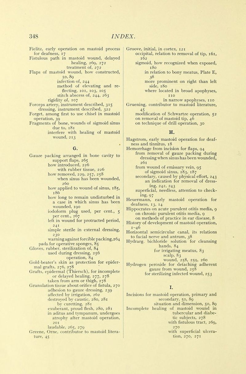 Fielitz, early operation on mastoid process for deafness, 17 Fistulous path in mastoid wound, delayed healing, 269, 272 treatment of, 272 Flaps of mastoid wound, how constructed, 5°. 89 infection of, 244 method of elevating and re- flecting, loi, 103, 105 stitch abscess of, 244, 263 rigidity of, 107 Forceps artery, instrument described, 315 dressing, instrument described, 322 Forget, among first to use chisel in mastoid operation, 39 Fragments of bone, wounds of sigmoid sinus due to, 181 interfere with heaUng of mastoid wound, 213 G. Gauze packing arranged in bone cavity to support flaps, 265 how introduced, 226 with rubber tissue, 226 how removed, 229, 257, 258 when sinus has been wounded, 260 how applied to wound of sinus, 185, 186 how long to remain undisturbed in a case in which sinus has been wounded, 190 iodoform plug used, per cent., 5 per cent., 267 left in wound for protracted period, 241 simple sterile in external dressing, 230 warning against forcible packing, 264 pads for operative sponges, 85 Gloves, rubber, sterilization of, 84 used during dressing, 256 operation, 84 Gold-beater's skin as protection for epider- mal grafts, 276, 278 Grafts, epidermal (Thiersch), for incomplete or delayed healing, 277, 278 taken from arm or thigh, 278 Granulation tissue about orifice of fistula, 270 adhesion to gauze dressing, 239 affected by irrigation, 262 destroyed by caustic, 280, 281 by curetting, 281 e-xuberant, proud flesh, 280, 281 in aditus and tympanum, undergoes atrophy after mastoid operation, 201 laudable, 265, 279 Greene, Orne, contributor to mastoid litera- ture, 45 Groove, initial, in cortex, 121 occipital, relation to removal of tip, 161, 162 sigmoid, how recognized when exposed, 180 in relation to bony meatus, Plate E, 3« more prominent on right than left side, 180 where located in broad apophyses, 110 in narrow apophyses, no Gruening, contributor to mastoid literature, 45 modification of Schwartze operation, 52 on removal of mastoid tip, 46 on technique of drill operation, 30 H. Hagstrom, early mastoid operation for deaf- ness and tinnitus, 18 Hemorrhage from incision for flaps, 94 from removal of gauze packing during dressing when sinus has been wounded, 261 from wound of emissary vein, 95 of sigmoid sinus, 183, 187 secondary, caused by physical effort, 243 an indication for removal of dress- ing, 242, 243 superficial, needless, attention to check- ing, 97 Heuermann, early mastoid operation for deafness, 13, 14 Hippocrates on acute purulent otitis media, 9 on chronic purulent otitis media, 9 on methods of practice in ear disease, 8 History of development of mastoid operation, 1-46 Horizontal semicircular canal, its relations to facial nerve and antrum, 38 Hydrarg. bichloride solution for cleansing hands, 84 for irrigating meatus, 83 scalp, 83 wound, 258, 259, 260 Hydrogen peroxide for detaching adherent gauze from wound, 258 for sterilizing infected wound, 253 I. Incisions for mastoid operation, primary and secondary, 50, 89 situation and dimension, 50, 89 Incomplete healing of mastoid wound in tubercular and diabe- tic subjects, 278 with fistulous tract, 269, 270 with superficial ulcera- tion, 270, 271