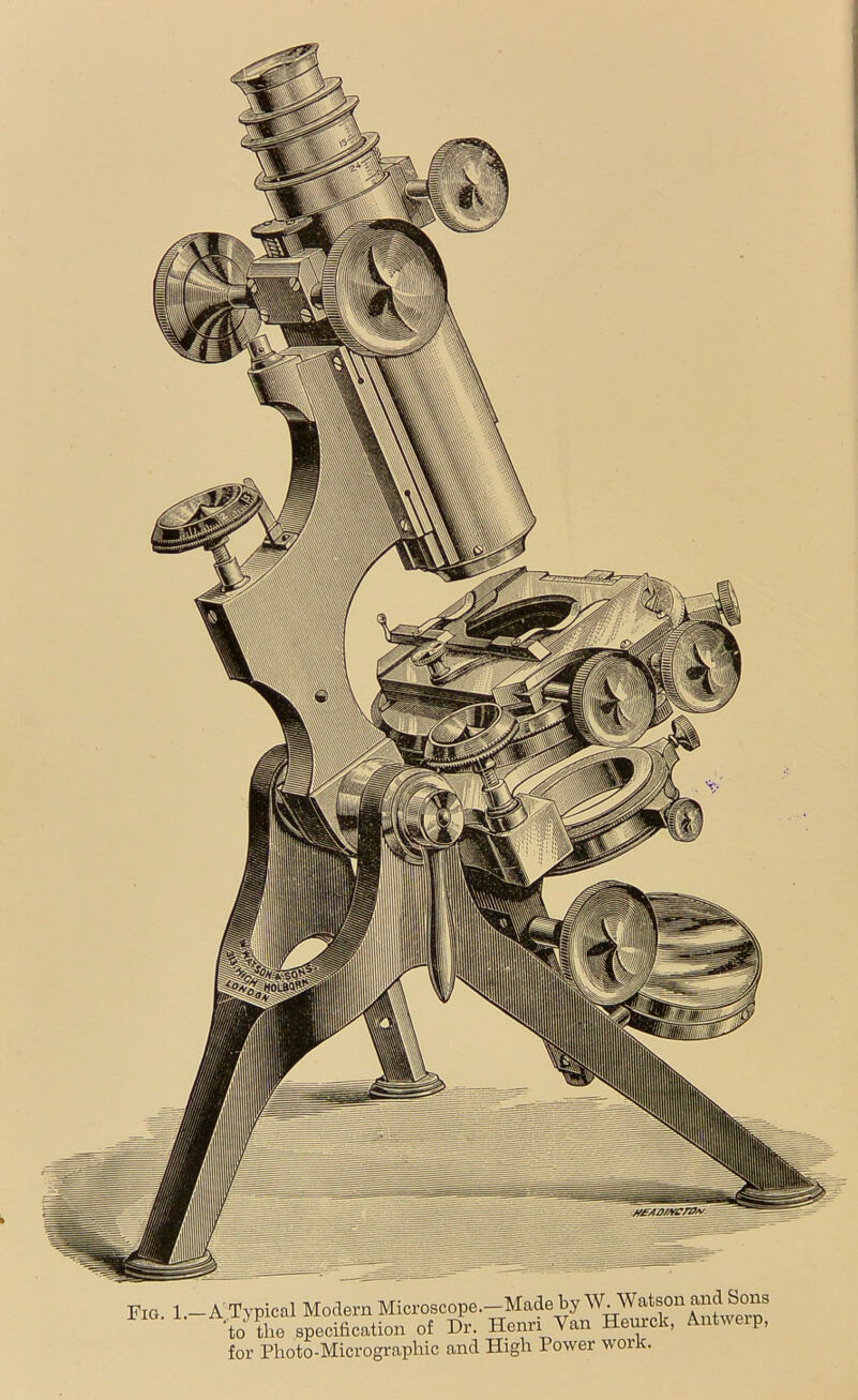 Fig. 1.-A'Typical Modern Microscope.-Made by W. Watson •to Le specification of Dr. Henri Van Hem-ck, Antwerp, for Photo-Micrographic and High Power work.