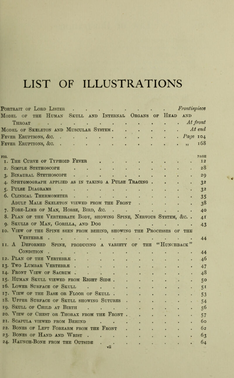 LIST OF ILLUSTRATIONS Portrait of Lord Lister Frontispiece Model of the Human Skull and Internal Organs of Head and Throat At front Model of Skeleton and Muscular System At end Fever Eruptions, &c. Page 104 Fever Eruptions, &c. . . . 168 FIQ, PAGE 1. The Curve of Typhoid Fever .12 2. Simple Stethoscope 28 3. Binaural Stethoscope 29 4. Sphygmograph applied as in taking a Pulse Tracing . . . -32 5. Pulse Diagrams ........... 32 6. Clinical Thermometer 35 Adult Male Skeleton viewed from the Front ..... 38 7. Fore-Limb of Man, Horse, Bird, &c 40 8. Plan of the Vertebrate Body, showing Spine, Nervous System, &c. . 41 9. Skulls of Man, Gorilla, and Dog ....... 43 10. View of the Spine seen from behind, showing the Processes of the Vertebrae ............ 44 11. A Deformed Spine, producing a variety of the “Hunchback” Condition 44 12. Plan of the Vertebra .......... 46 13. Two Lumbar Vertebra . . . . . . . . . *47 14. Front View of Sacrum 48 15. Human Skull viewed from Right Side . . . . . . *50 16. Lower Surface of Skull 51 17. View of the Base or Floor of Skull 53 18. Upper Surface of Skull showing Sutures ...... 54 19. Skull of Child at Birth 56 20. View of Chest or Thorax from the Front 57 21. Scapula viewed from Behind 60 22. Bones of Left Forearm from the Front ...... 62 23. Bones of Hand and Wrist ......... 63 24. Haunch-Bone from the Outside ........ 64