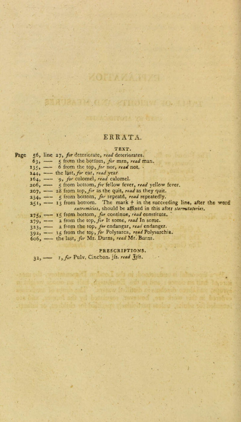 I \ ERRATA. TEXT. Page 56, line 27, for deteriorate, read deteriorates. 63, 5 from the bottom, for mm, read man. 135, 6 from the top, jor nor, read not. • 144, the last,/or ear, read year. 164, 9, for colomel, read calomel. 206, -— 5 from bottom, for fellow fever, read yellow fever, 207, -— 28 from top, for as the quit, read as they quit. 234, 5 from bottom, for repeatd, read repeatedly. 251, 13 from bottom. The mark + in the succeeding line, after the word extremities, should be affixed in this after sternutatories. 275, 15 from bottom, for continue,read constitute. 279, -— 2 from the topyfor It some, read In some. 323, 2 from the top, for endangar, read endanger. 392, —— 15 from the top, for Polysarca, read Polysarchia. 606, the last, for Mr. Durns, read Mr. Burns. P! ^ PRESCRIPTIONS. 32> i yfor Pulv. Cinchon. jfs. read Jjl's. / r „ /■.• ' • ■ s, ' ‘ '■ ' ' I ) /