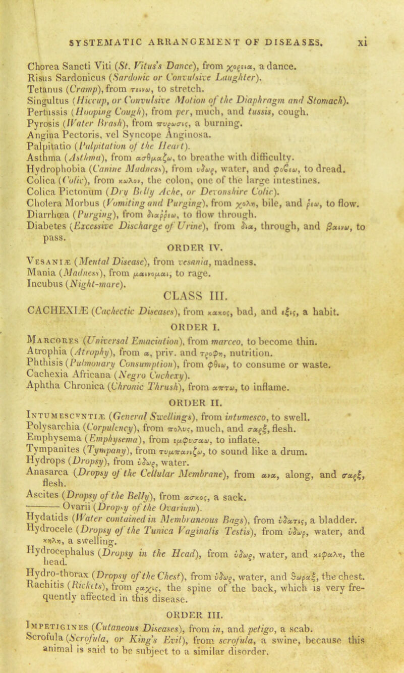 Chorea Sancti Viti (St. Vitus's Dance), from x°i,iar a dance. Risus Sardonicus (Sardonic ur Convulsive Laughter). Tetanus (Cramp), from ruvu, to stretch. Singultus (Hiccup, or Convulsive Motion of the Diaphragm and Stomach). Pertussis (Hooping Cough), from per, much, and tussis, cough. Pyrosis (Water Brash), from irvpao-if, a burning. Angina Pectoris, vel Syncope Anginosa. Palpitatio (Ltdpit at ion oj the IJeait). Asthma (Asthma), from xo-6px£u, to breathe with difficulty. Hydrophobia (Canine Madness), from v$a%, water, and <po£i«, to dread. Colica (Colic), from kuXo», the colon, one of the large intestines. Colica Pictonum (Dip Dilip Ache, or Devonshire Colic). Cholera Morbus (Vomiting and Purging), from %<».»), bile, and pta, to flow. Diarrhoea (Purging), from hxppia, to How through. Diabetes (Excessive Discharge oj Urine), from Six, through, and Pxuu, to pass. ORDER IV. Vesani/e (Mental Disease), from resania, madness. Mania (Madness), from panopai, to rage. Incubus (Night-mare). CLASS III. CACHEXLE (Cachectic Diseases), from *axo{, bad, and i£k, a habit. ORDER I. Mahcoues (Universal Emaciation), from marceo, to become thin. Atrophia (Atrophy), from a, priv. and », nutrition. Phthisis (Pulmonary Consumption), from $Qta, to consume or waste. Cachexia Africana (Negro Cachexy). Aphtha Chronica (Chronic Thrush), from xtrxa, to inflame. ORDER II. Intumescentde (General Swellings), from intumesco, to swell. Polysarehia (Corpulency), from tromuch, and flesh. Emphysema (Emphysema), from tg.(pvj-xu, to inflate. Tympanites (Tympany), from xvp.tran^v, to sound like a drum. Hydrops (Dropsy), from h water. Anasarca (Dropsy oj the Cellular Membrane), from u»a, along, and <rxjf, flesh. Ascites (Dropsy of the Belly), from xtry.o:, a sack. — Ovarii (Dropsy of the Ovarium). Hydatids (H ater contained in Membraneous Bags), from vSxtk, a bladder. Hydrocele (Dropsy oj the Tunica Vaginalis Testis), from voap, water, and xnXn, a swelling. Hydrocephalus (Dropsy in the Head), from vita a, water, and x.itpa.Xr,, the liead. Hydro-thorax (Dropsy of the Chest), from v<ta^, water, and Swpaf, the chest. Rachitis (Uicluts), from ^x^s, the spine of the back, which is very fre- quently affected in this disease. ORDER III. Impetjgines (Cutaneous Diseases), from in, and petigo, a scab. Scrofula (Scrofula, or King's Evil), from scrofula, a swine, because this •animal is said to he subject to a similar disorder.