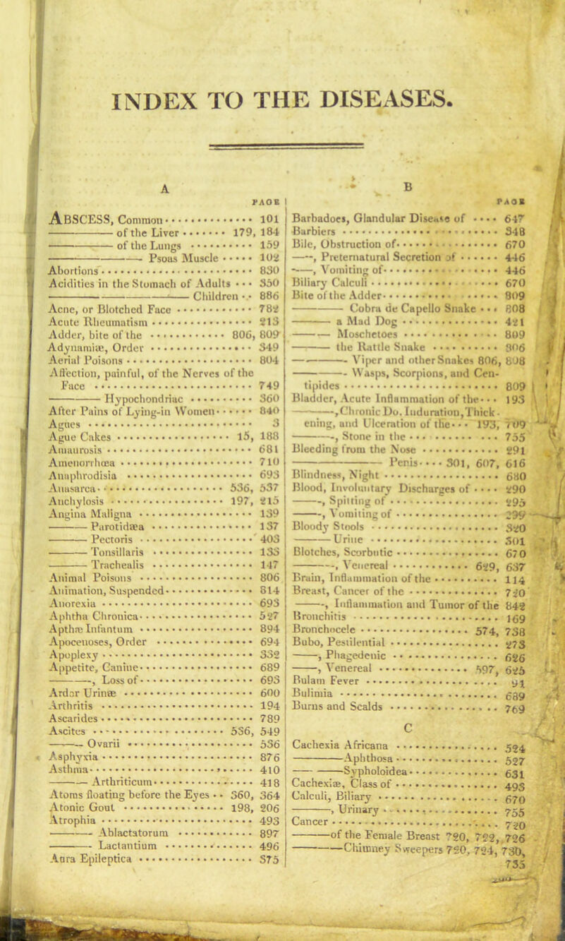 INDEX TO THE DISEASES. A B PAOB Abscess, Conmioii 101 of the Liver 179, 184 of the Lungs 159 Psoas Muscle 102 Abortions 880 Acidities in the Stomach of Adults • • • 850 * Children 886 Acne, or Blotched Face 782 Acute Rheumatism 213 Adder, bite of the 806,809' Adynamia;, Order 849 Aerial Poisons 804 Affection, painful, of the Nerves of the Face 749 Hypochondriac 860 After Pains of Lying-in Women 840 Agues 3 Ague Cakes l5, 188 Amaurosis 681 Amenorrhcea 710 Anaphrodisia 693 Anusarca 536, 537 Anchylosis 197, 215 Angina Maligna 139 Parotidaea 137 Pectoris 403 Tonsillaris 138 Trachealis 147 Animal Poisons 806 Animation, Suspended 814 Anorexia 693 Aphtha Chronica 527 Apthte Infantum 894 Apocenoses, Order 694 Apoplexy 332 Appetite, Canine 689 , Loss of 693 Ardor Urinae 600 Arthritis 194 Ascarides 789 Ascites 536, 549 Ovarii 536 Asphyxia 876 Asthma 410 Arthriticuin 418 Atoms floating before the Eyes • • 360, 364 Atonic Gout 198, 206 Atrophia 493 Ablactatorum 897 Lactantium 496 Aura Epileptica S75 PAOB Barbadoes, Glandular Disease of .... 647 Barbiers 348 Bile, Obstruction of 670 , Preternatural Secretion of 446 , Vomiting of .... 445 Biliary Calculi 670 Bite of the Adder 809 Cobra de Capello Snake • • • B08 a Mad Dog 421 Moschetoes 809 the Rattle Snake fW>6 1 — Viper and other Snakes 806, 8J8 Wasps, Scorpions, and Cen- tipidcs 809 | Bladder, Acute Inflammation of the-• • 193 ,Chronic Do. Induration,Thick • ening, and Ulceration of tlic* • • 193, ? 09 , Stone in the 755 Bleeding frum the Nose 291 Penis-••• SOI, 607, 616 Blindness, Night 680 Blood, Involuntary Discharges of • • • ■ 290 , Spilling of 295 , Vomiting of 299 ~ Blood}- Stools S20 Urine 301 . Blotches, Scorbutic 670 , Venereal 629, 637 Brain, Inflammation of the 114 Breast, Cancer of the 7-J0 , Inflammation and Tumor of the 842 Bronchitis jgg Bronchocele 574, 733 Bubo, Pestilential 273 , Phagedenic 626 , Venereal 597, 625 Bulaui Fever yj Bulimia 639 Burns and Scalds 759 C Cachexia Africana 534 Aphthosa 527 — Sypholoidea 63 ^ Cachexias, Class of 493 Calculi, Biliary -——Urinary 755 Cancer4 % t 7%0 of the Female Breast ”20, 722, .726 733 / ■_
