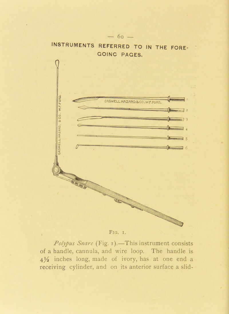 FORE- INSTRUMENTS referred to in the GOINC PAGES. Polypus Snare (Fig. i).—This instrument consists of a handle, cannula, and wire loop. The handle is 4Yi inches long, made of ivory, has at one end a receiving cylinder, and on its anterior surface a slid-