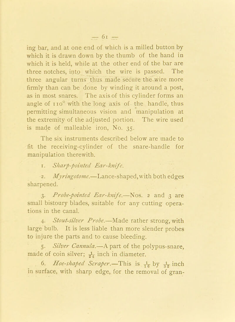 ing bar, and at one end of which is a milled button by which it is drawn down by the thumb of the hand in which it is held, while at the other end of the bar are three notches, into which the wire is passed. The three angular turns thus made secure the..wire more firmly than can be done by winding it around a post, as in most snares. The axis of this cylinder forms an angle of no° with the long axis of the handle, thus permitting simultaneous vision and manipulation at the extremity of the adjusted portion. The wire used is made of malleable iron, No. 35. The six instruments described below are made to fit the receiving-cylinder of the snare-handle for manipulation therewith. 1. Sharp-pointed Ear-knife. 2. Myringotome.—Lance-shaped,with both edges sharpened. 3. Probe-pointed Ear-knife.—Nos. 2 and 3 are small bistoury blades, suitable for any cutting opera- tions in the canal. 4. Stout-silver Probe.—Made rather strong, with large bulb. It is less liable than more slender probes to injure the parts and to cause bleeding. 5. Silver Cannula.—Apart of the polypus-snare, made of coin silver; fa inch in diameter. 6. Hoe-shaped Scraper.—This is fa by fa inch in surface, with sharp edge, for the removal of gran-