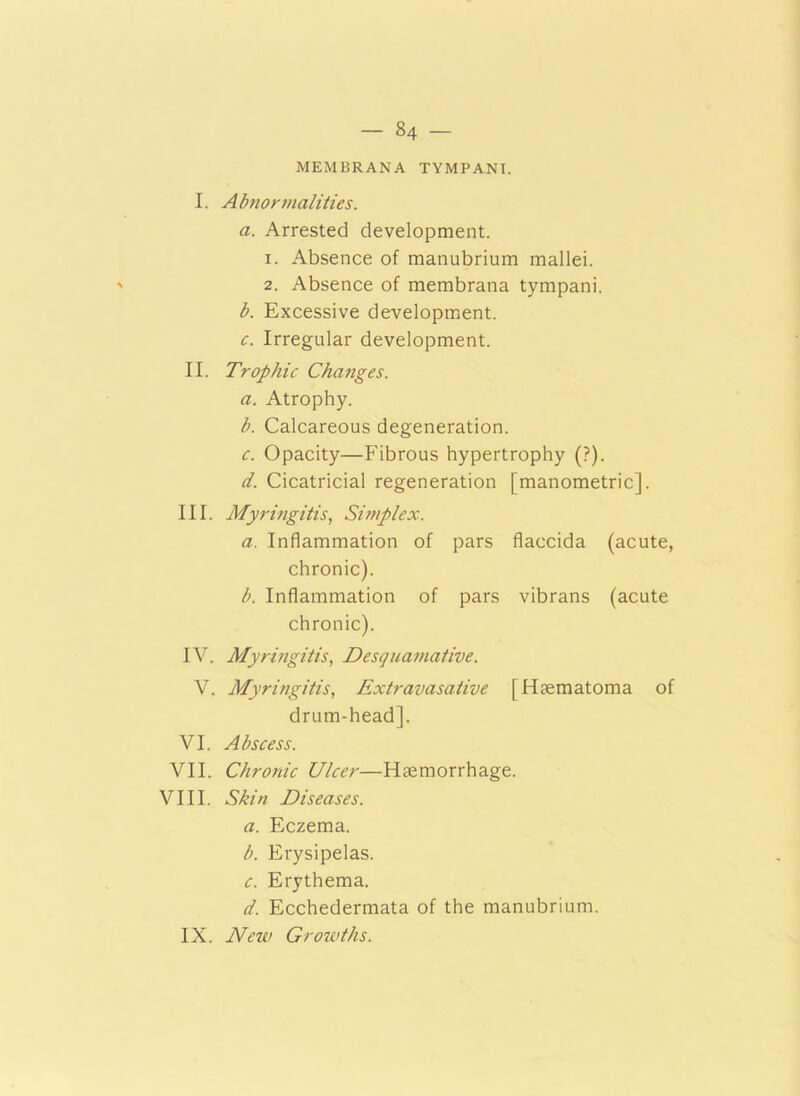 MEMBRANA TYMPANI. I. Abnormalities. a. Arrested development. i. Absence of manubrium mallei. > 2. Absence of membrana tympani. b. Excessive development. c. Irregular development. II. Trophic Changes. a. Atrophy. b. Calcareous degeneration. c. Opacity—Fibrous hypertrophy (?). d. Cicatricial regeneration [manometric]. III. Myringitis, Simplex. a. Inflammation of pars flaccida (acute, chronic). b. Inflammation of pars vibrans (acute chronic). IV. Myringitis, Desquamative. V. Myringitis, Extravasative [Hematoma of drum-head]. VI. Abscess. VII. Chronic Ulcer—Haemorrhage. VIII. Skin Diseases. a. Eczema. b. Erysipelas. c. Erythema. d. Ecchedermata of the manubrium. IX. New Growths.