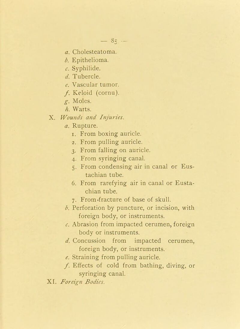 a. Cholesteatoma. b. Epithelioma. c. Syphilide. d. Tubercle. e. Vascular tumor. f. Keloid (cornu). g. Moles. h. Warts. X. Wounds and Injuries. a. Rupture. 1. From boxing auricle. 2. From pulling auricle. 3. From falling on auricle. 4. From syringing canal. 5. From condensing air in canal or Eus- tachian tube. 6. From rarefying air in canal or Eusta- chian tube. 7. From .fracture of base of skull. b. Perforation by puncture, or incision, with foreign body, or instruments. c. Abrasion from impacted cerumen, foreign body or instruments. d. Concussion from impacted cerumen, foreign body, or instruments. e. Straining from pulling auricle. /. Effects of cold from bathing, diving, or syringing canal. XI. Foreign Bodies.