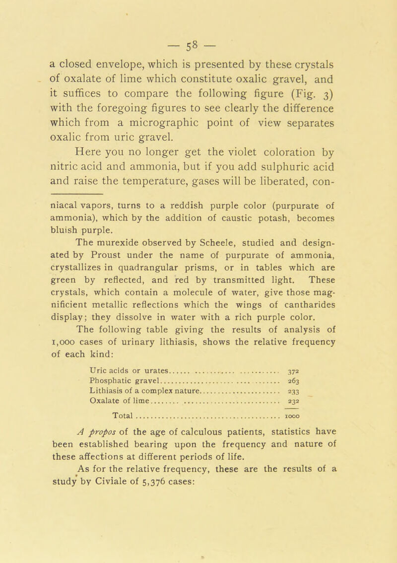 a closed envelope, which is presented by these crystals of oxalate of lime which constitute oxalic gravel, and it suffices to compare the following figure (Fig. 3) with the foregoing figures to see clearly the difference which from a micrographic point of view separates oxalic from uric gravel. Here you no longer get the violet coloration by nitric acid and ammonia, but if you add sulphuric acid and raise the temperature, gases will be liberated, con- niacal vapors, turns to a reddish purple color (purpurate of ammonia), which by the addition of caustic potash, becomes bluish purple. The murexide observed by Scheele, studied and design- ated by Proust under the name of purpurate of ammonia, crystallizes in quadrangular prisms, or in tables which are green by reflected, and red by transmitted light. These crystals, which contain a molecule of water, give those mag- nificient metallic reflections which the wings of cantharides display; they dissolve in water with a rich purple color. The following table giving the results of analysis of 1,000 cases of urinary lithiasis, shows the relative frequency of each kind: Uric acids or urates 372 Phosphatic gravel 263 Lithiasis of a complex nature 233 Oxalate of lime 232 Total 1000 A propos of the age of calculous patients, statistics have been established bearing upon the frequency and nature of these affections at different periods of life. As for the relative frequency, these are the results of a study by Civiale of 5,376 cases: