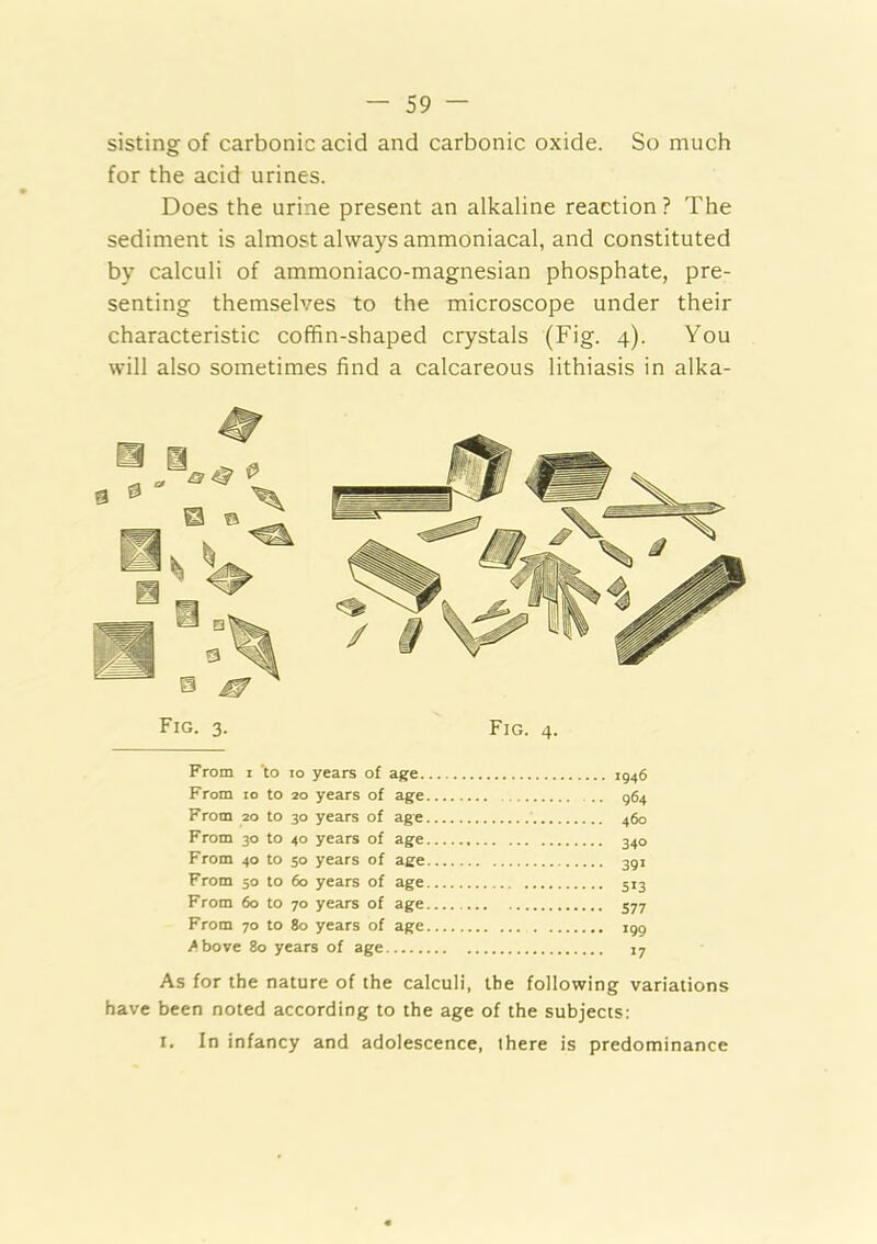 sisting of carbonic acid and carbonic oxide. So much for the acid urines. Does the urine present an alkaline reaction ? The sediment is almost always ammoniacal, and constituted by calculi of ammoniaco-magnesian phosphate, pre- senting themselves to the microscope under their characteristic coffin-shaped crystals (Fig. 4). You will also sometimes find a calcareous lithiasis in alka- Fig. 4. From I ‘to lo years of age. From 10 to 20 years of age From 20 to 30 years of age From 30 to 40 years of age From 40 to 50 years of age From 50 to 60 years of age From 60 to 70 years of age From 70 to 80 years of age Above 80 years of age 1946 964 460 340 391 513 S77 199 >7 As for the nature of the calculi, the following variations have been noted according to the age of the subjects: I, In infancy and adolescence, there is predominance
