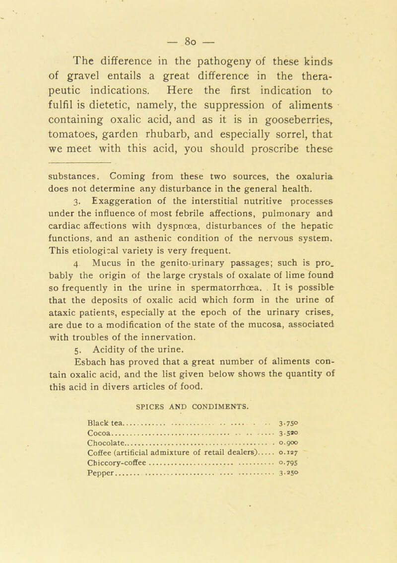 The difference in the pathogeny of these kinds of gravel entails a great difference in the thera- peutic indications. Here the first indication to fulfil is dietetic, namely, the suppression of aliments containing oxalic acid, and as it is in gooseberries, tomatoes, garden rhubarb, and especially sorrel, that we meet with this acid, you should proscribe these substances. Coming from these two sources, the oxaluria does not determine any disturbance in the general health. 3. Exaggeration of the interstitial nutritive processes under the influence of most febrile affections, pulmonary and cardiac affections with dyspnoea, disturbances of the hepatic functions, and an asthenic condition of the nervous system. This etiological variety is very frequent. 4 Mucus in the genito-urinary passages; such is pro. bably the origin of the large crystals of oxalate of lime found so frequently in the urine in spermatorrhoea. . It is possible that the deposits of oxalic acid which form in the urine of ataxic patients, especially at the epoch of the urinary crises, are due to a modification of the state of the mucosa, associated with troubles of the innervation. 5. Acidity of the urine. Esbach has proved that a great number of aliments con- tain oxalic acid, and the list given below shows the quantity of this acid in divers articles of food. SPICES AND CONDIMENTS. Black tea 3-75° Cocoa 3-5»o Chocolate 0.900 Coffee (artificial admixture of retail dealers) 0.127 Cbiccory-coffee °.79S Pepper 3-250